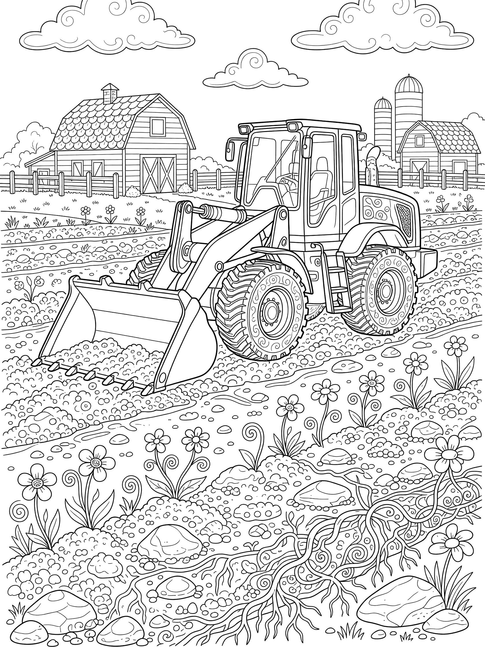 Detailed line art coloring page showing a front loader leveling ground on a farm, with bucket full of dirt, wildflowers, roots, rocks, barn, fence, and clouds