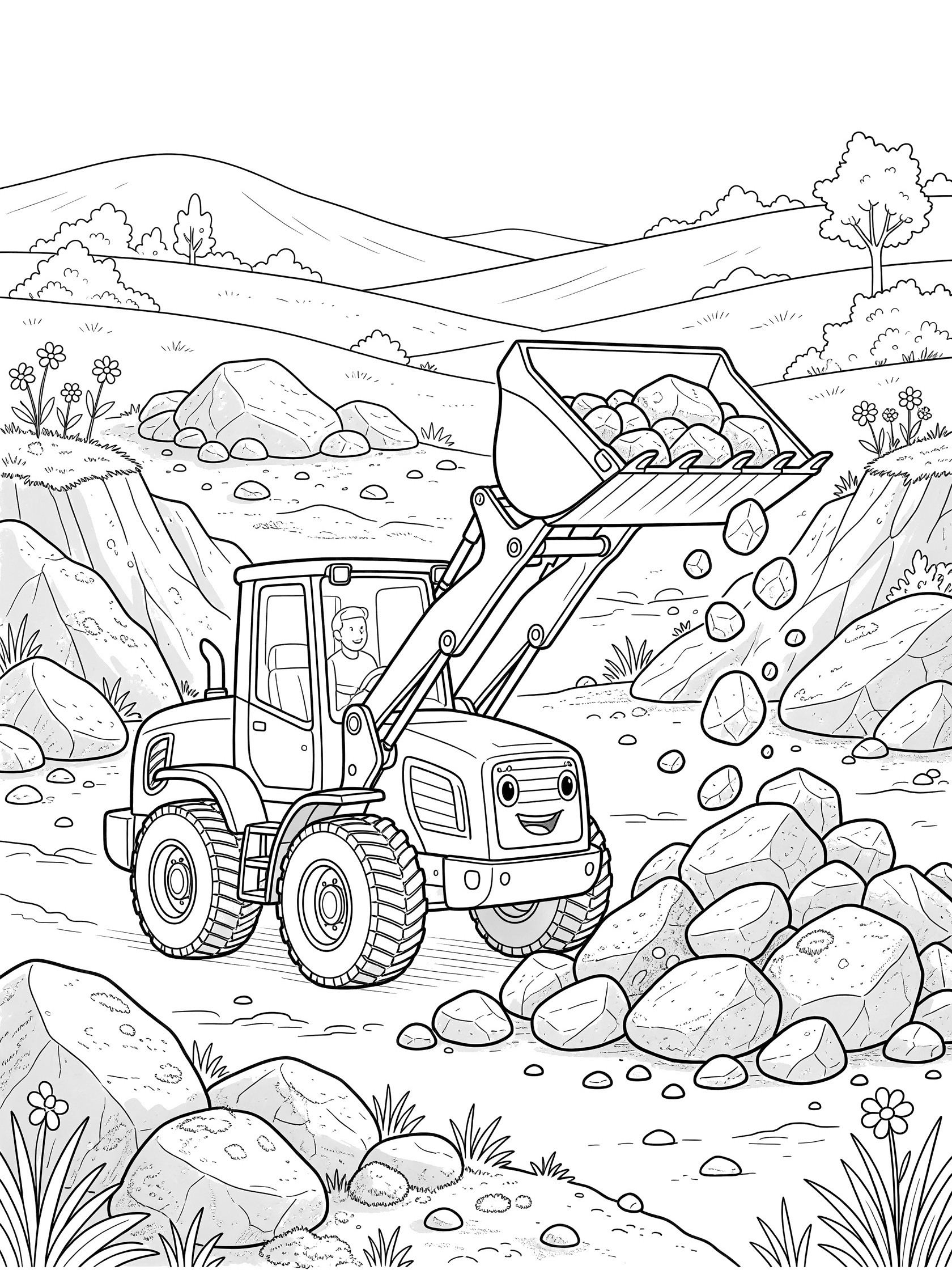 Black and white coloring page of a storybook front loader with happy eyes lifting rugged rocks in a quarry with boulders, grass, hills, trees, and flowers