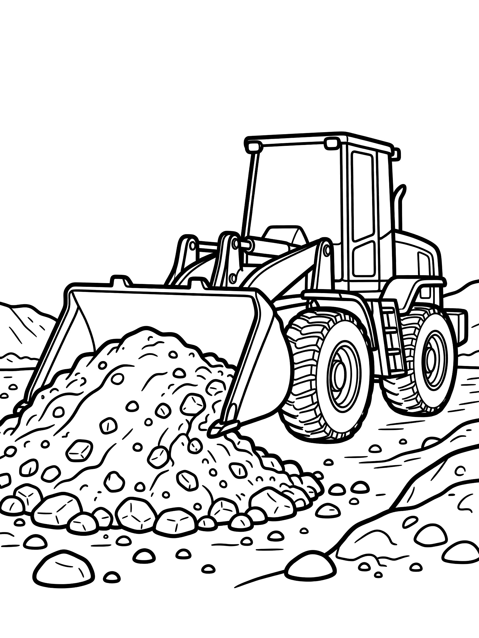 Black and white line art coloring page showing a front loader machine with a large bucket full of dirt and rocks, large wheels, and a rocky ground.