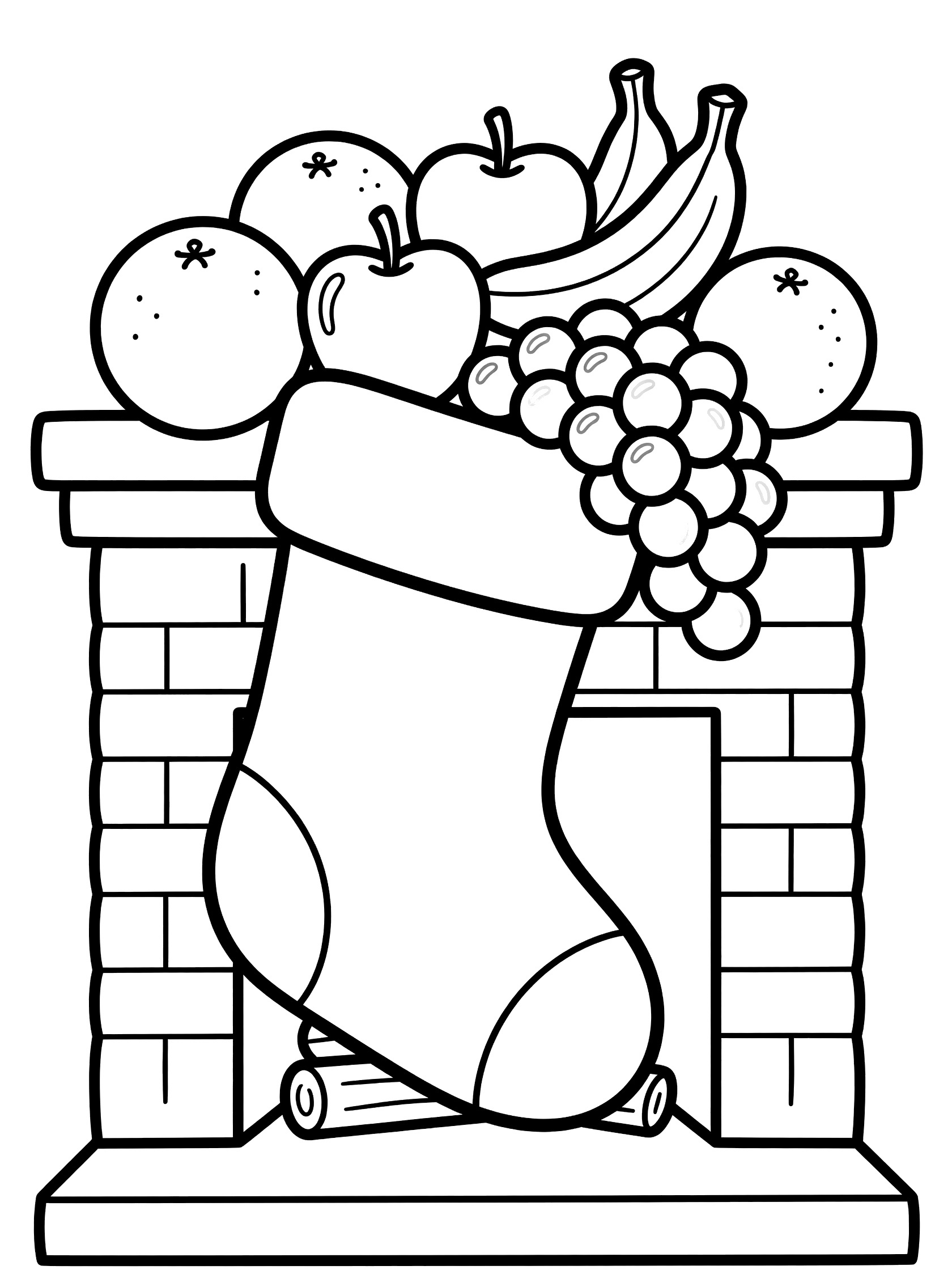 Cute cartoon line art coloring page showing a bulging Christmas stocking filled with fruits like oranges, apples, bananas and grapes spilling over a brick mantel by the fireplace.