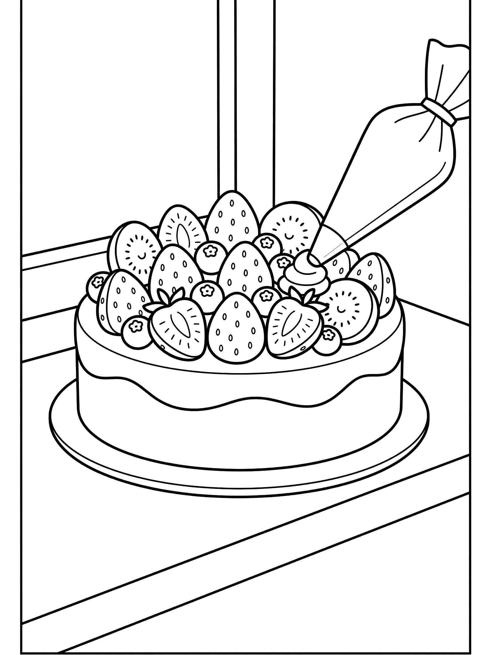 Kawaii line art coloring page showing a cake base piled with strawberry slices, blueberries, and kiwi slices in patterns, with a piping bag squeezing cream, on a sunlit windowsill.