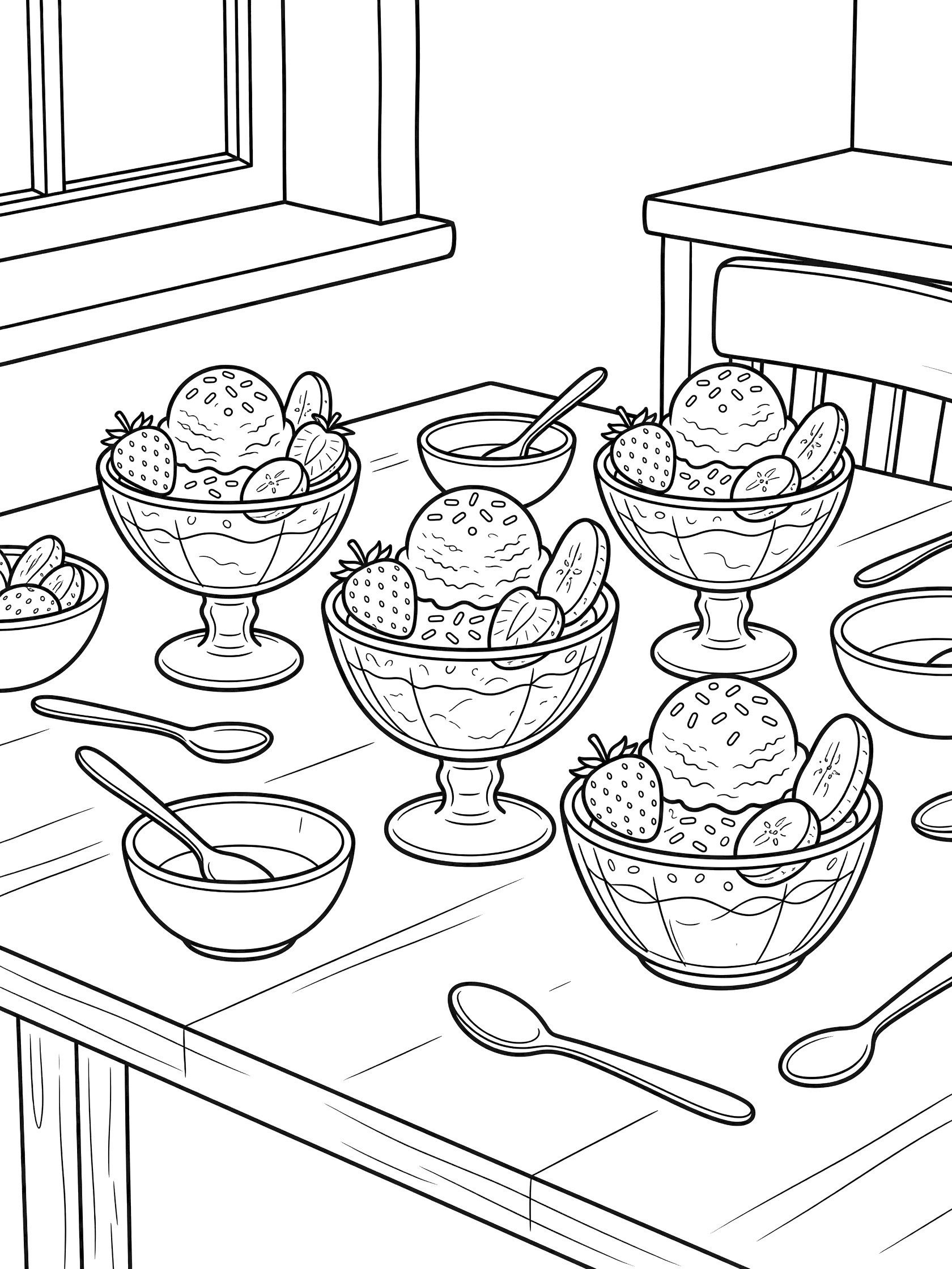 Black-and-white line art coloring page of glass dish sundaes with scoops of ice cream, strawberry slices, banana pieces, spoons, and bowls on a kitchen table by a window.