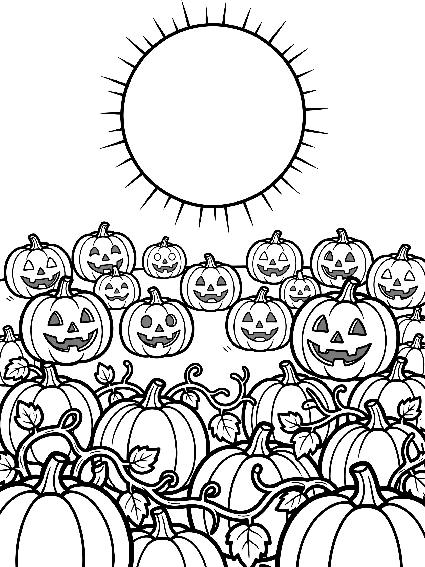 Black-and-white line art of a large full moon shining over a Halloween pumpkin patch filled with grinning jack-o-lanterns and vines.