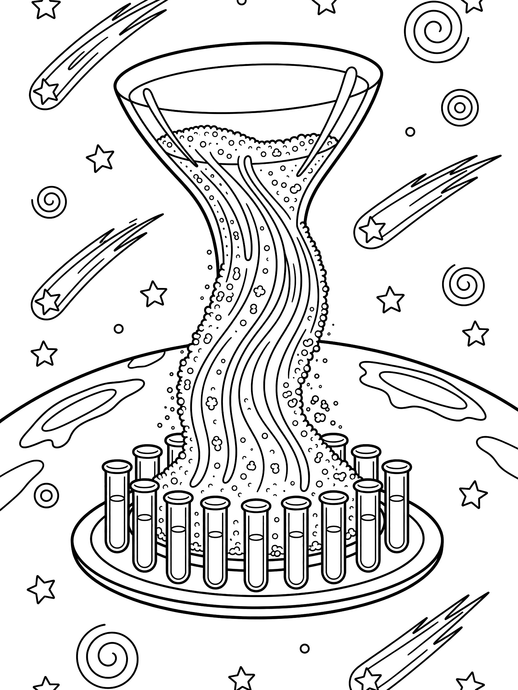 Line art coloring page showing a funnel cascading space powder through a curved spout into a row of test tubes on a round spinning tray, with planet below, comet trails, stars, and swirls in space background.