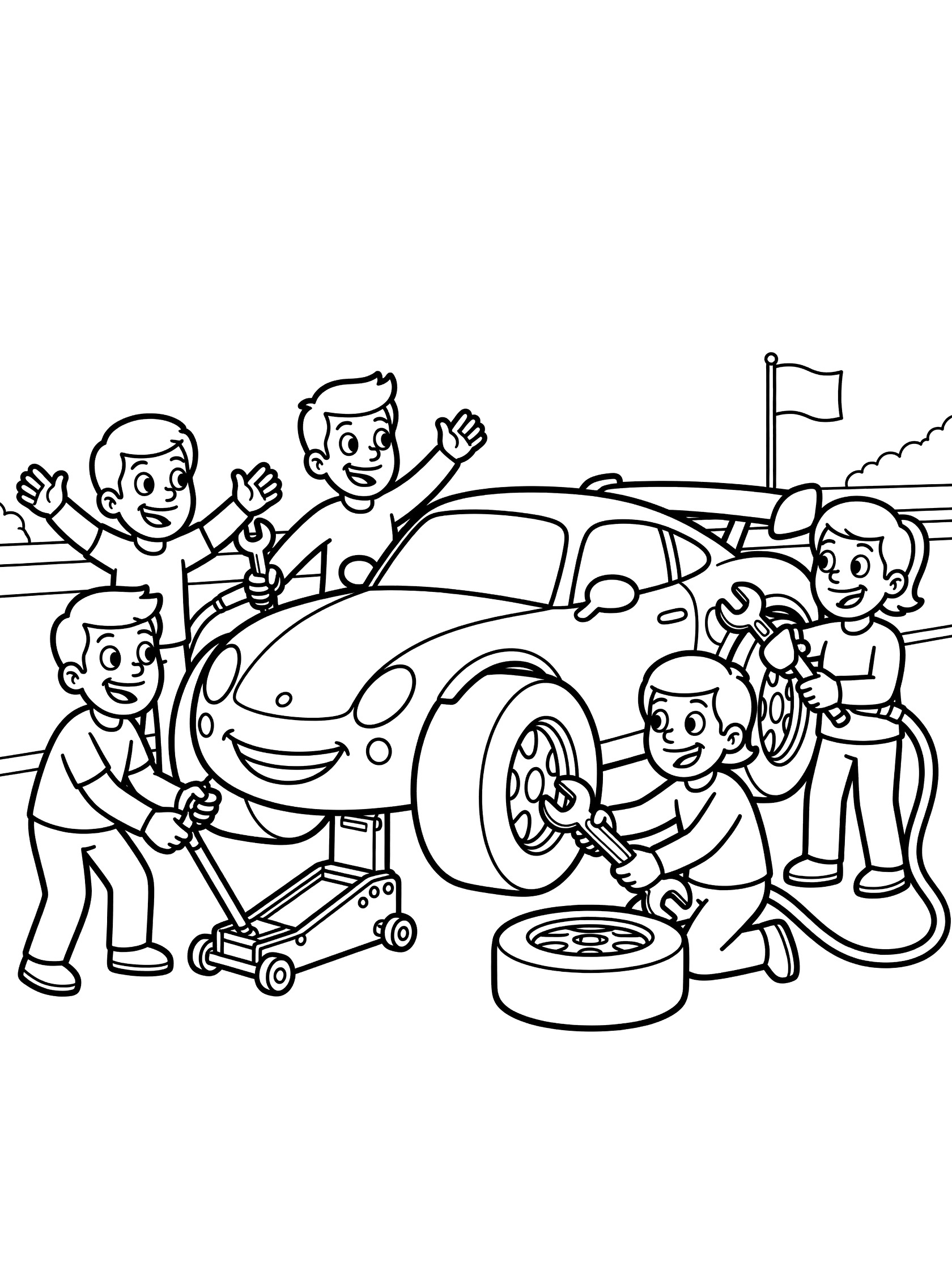 Black and white coloring page of a funny race car with big rear tires at pit stop, pit crew members smiling while changing tire and adding fuel.