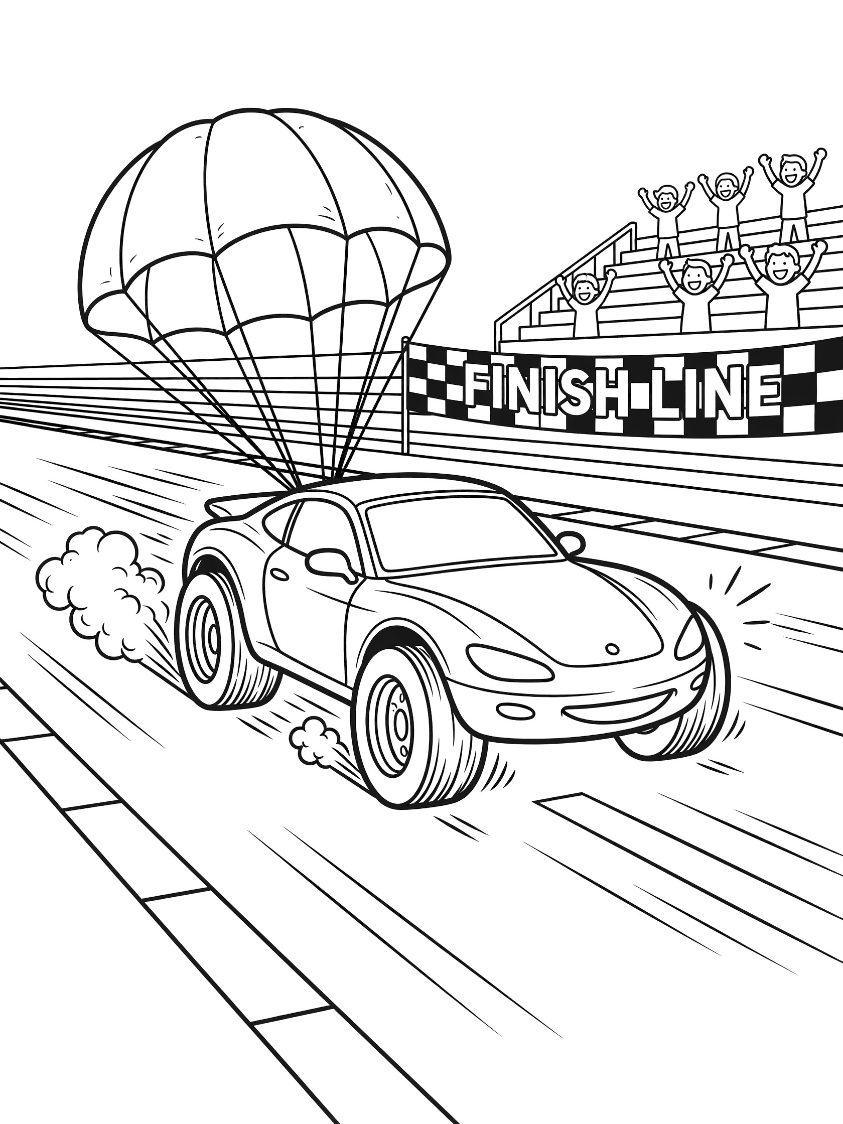 Black and white coloring page of a goofy funny car with oversized rear tires and parachute crossing the checkered finish line on a racetrack with speed lines, smoke, and stick-figure fans cheering.