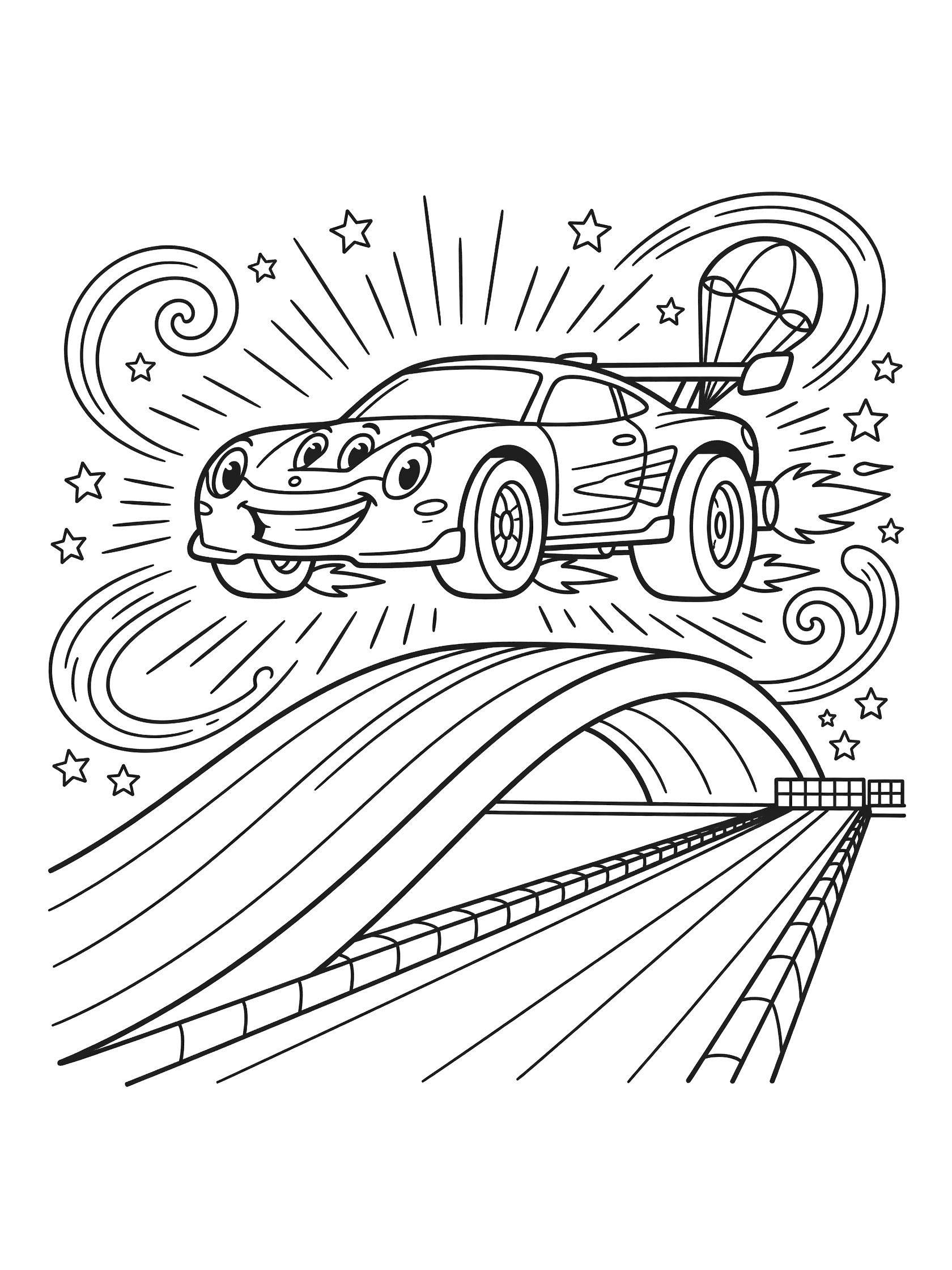Doodle style coloring page showing a funny car soaring off a ramp with grinning hood face, large rear tires, small front wheels, rear wing, parachute, motion trails, stars, and checkered racetrack.