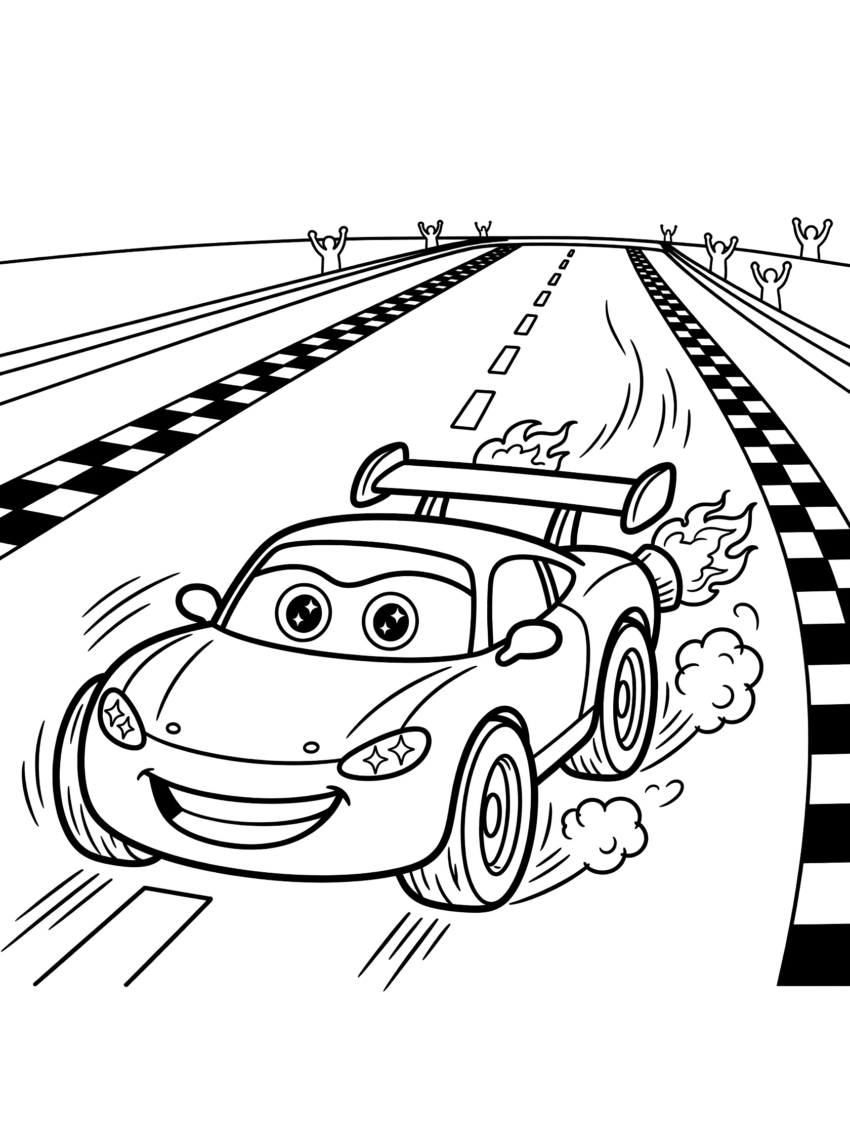 Black and white line art of a funny car with sparkling eyes, wide smile, and big rear wing racing fast on a track with checkered flags, motion lines, dust, and tiny crowd silhouettes.