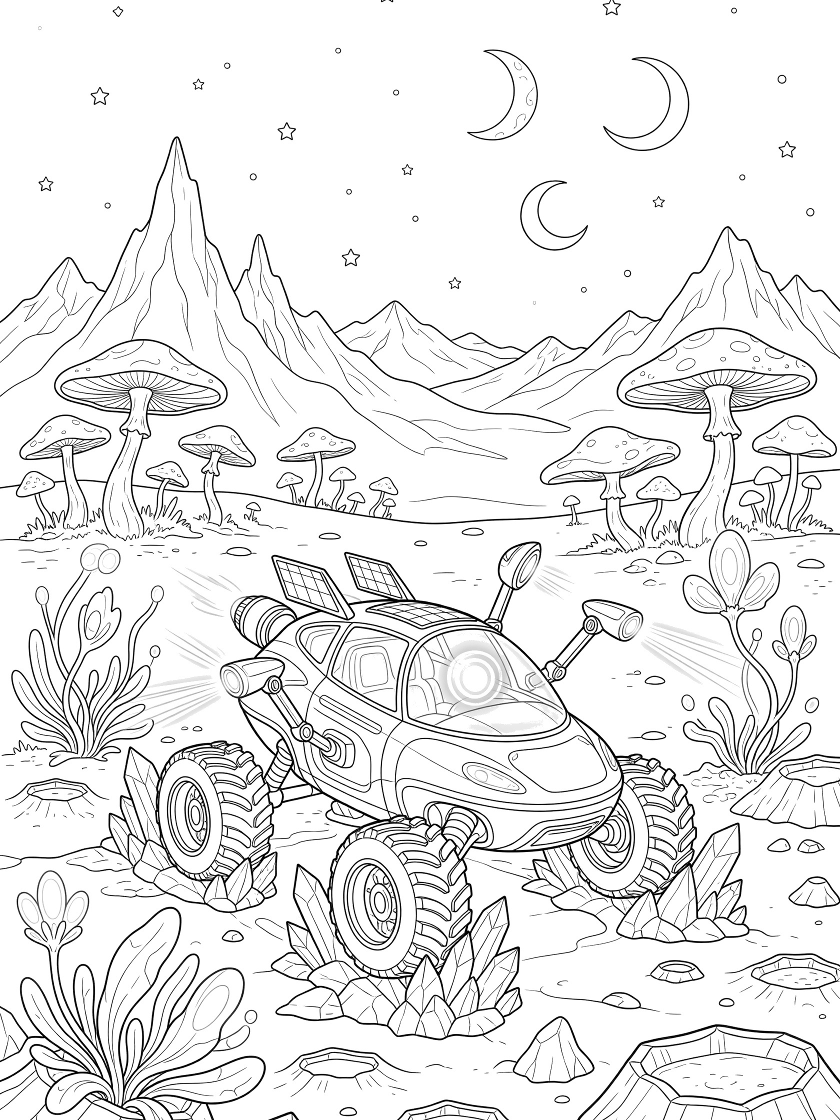 Black and white line art of a futuristic cars explorer vehicle on an alien planet, with large rugged wheels on crystal rocks, scanner arms, dome cockpit, alien mushrooms, jagged mountains, and starry sky with twin moons.