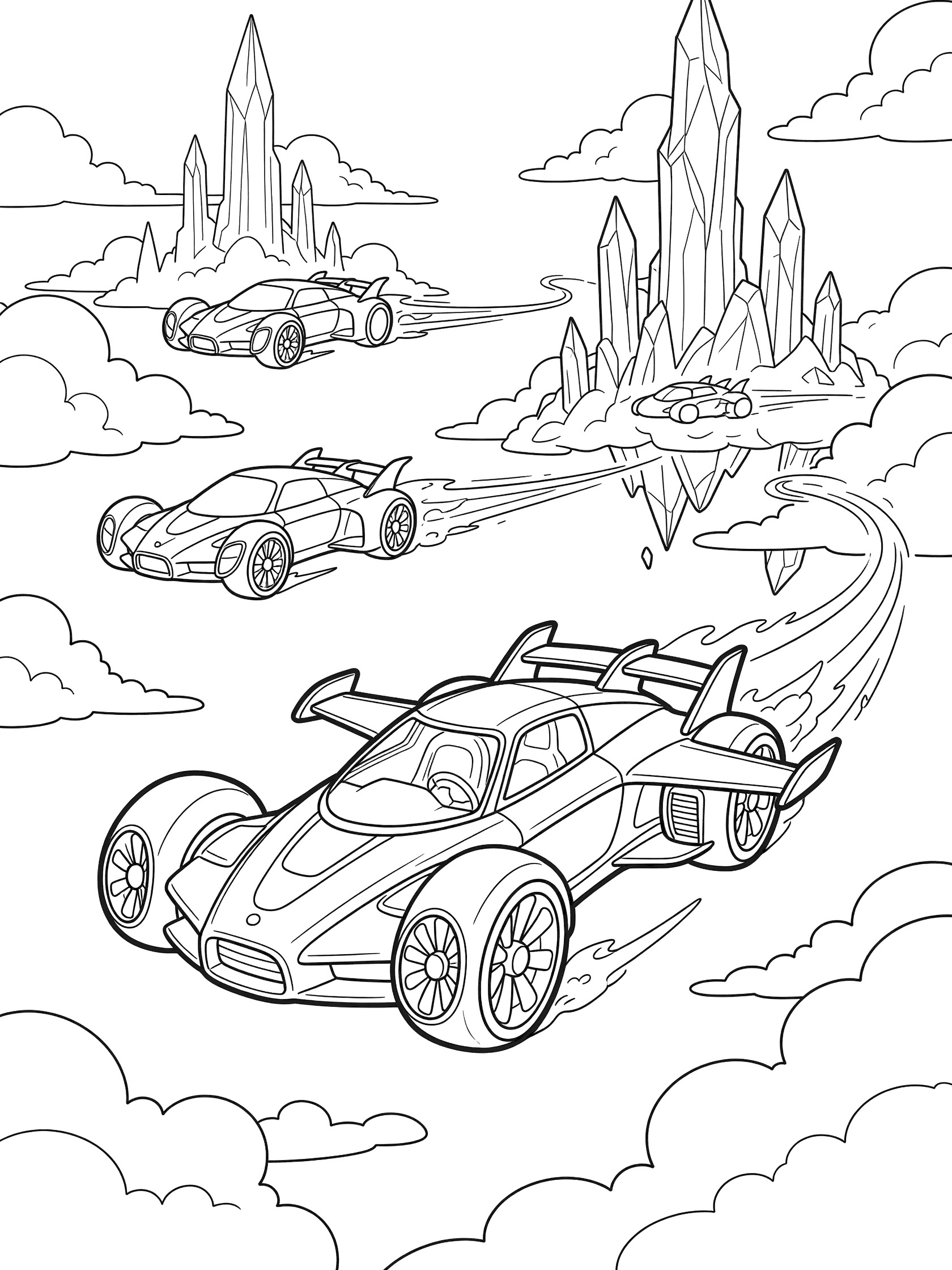 Black-and-white coloring page of sleek futuristic flying concept cars with propellers, wings, and jets soaring past fluffy clouds and floating crystal towers.