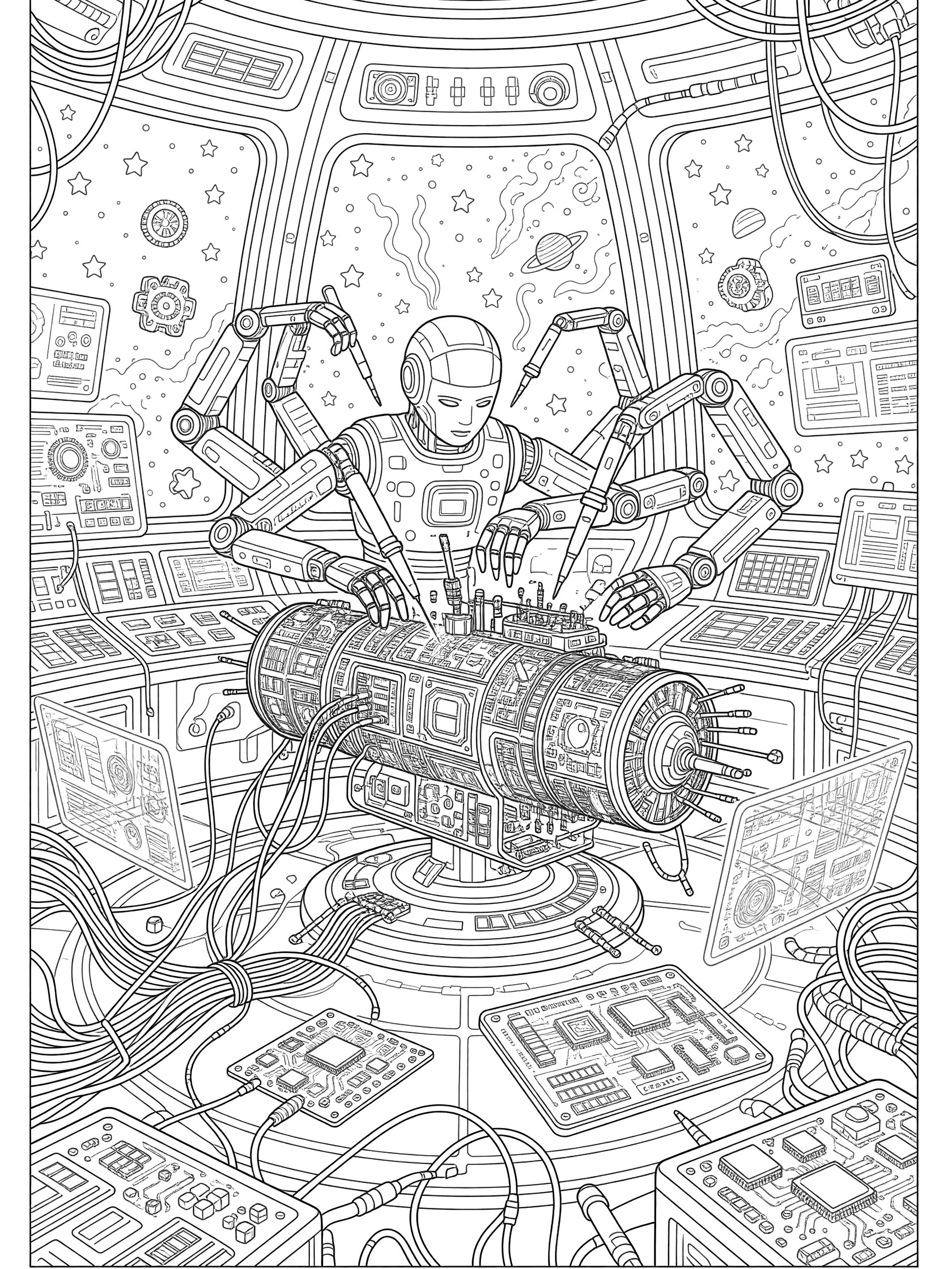 Black and white line art of a multi-armed futuristic robot assembling a detailed satellite in an orbital space lab with holographic screens and starry windows.