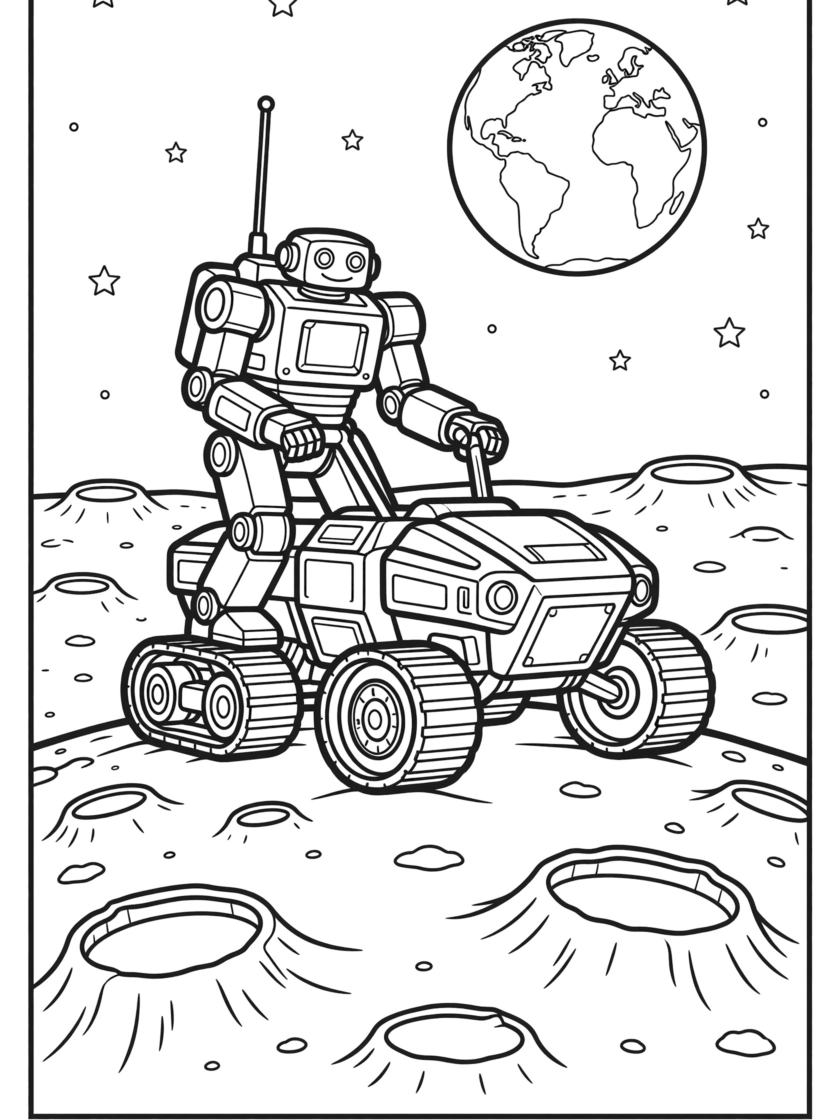 Black-and-white line art of a futuristic robot with tank treads driving a lunar rover over gray moon craters, Earth in the starry sky.