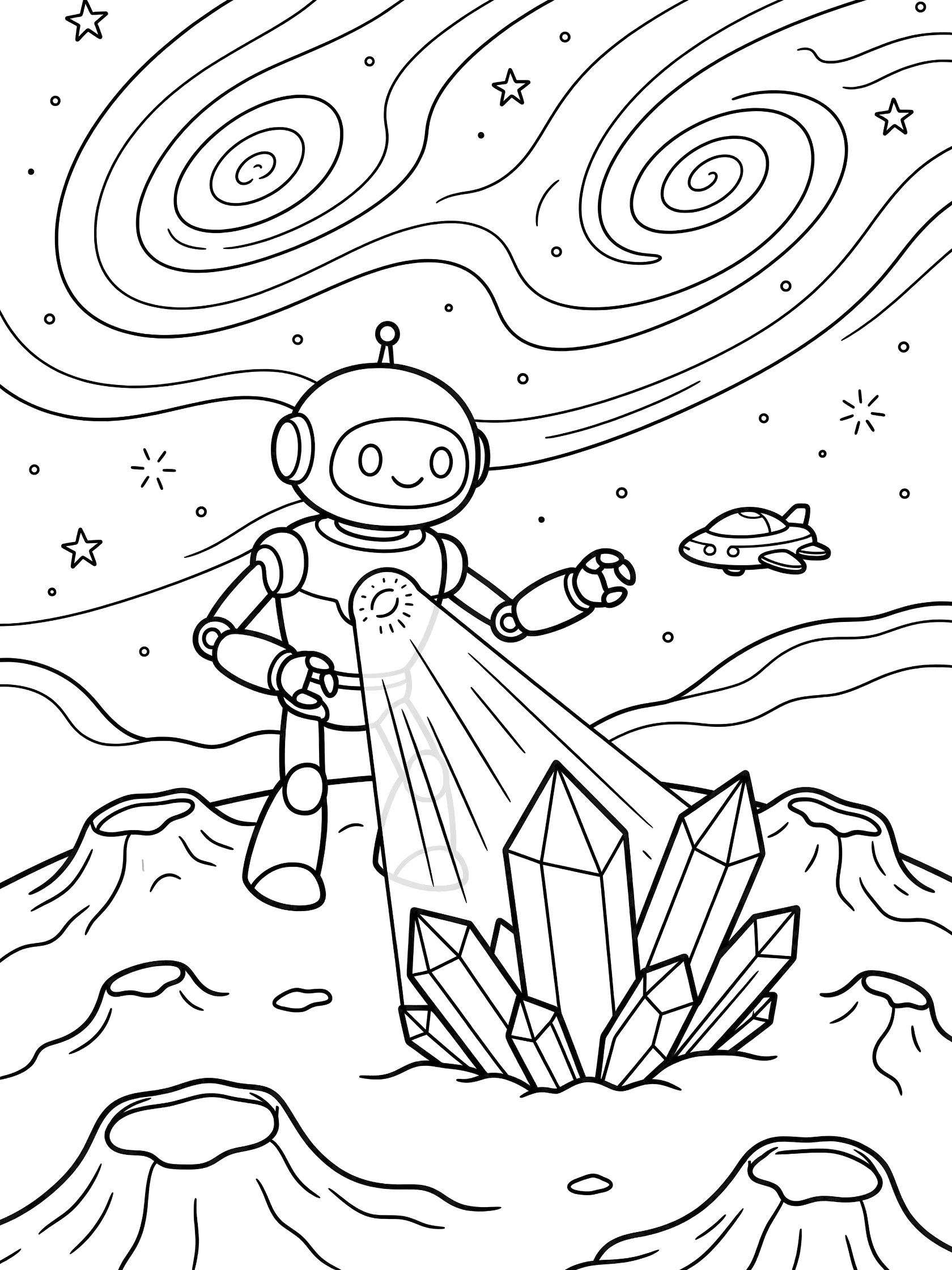 Black and white line art of cute futuristic robot with large round head and extendable arms on bumpy alien planet, beaming light from chest at shiny crystal cluster, small spaceship nearby, swirling nebulae and stars in sky.