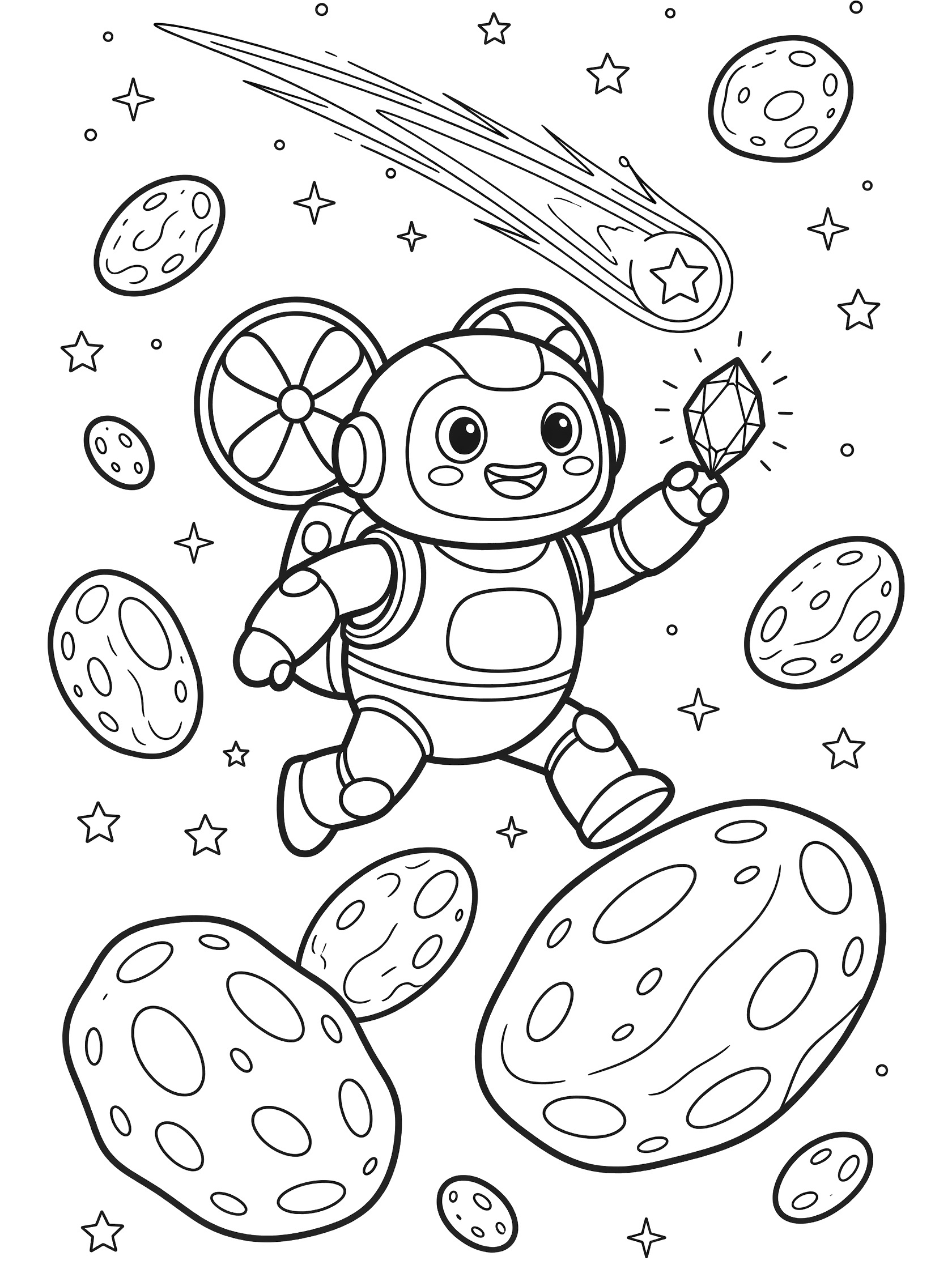 Cute chubby futuristic robot with propeller backpack jumping dynamically amid tumbling asteroids, holding a floating gem, with stars and comet in the background - coloring page
