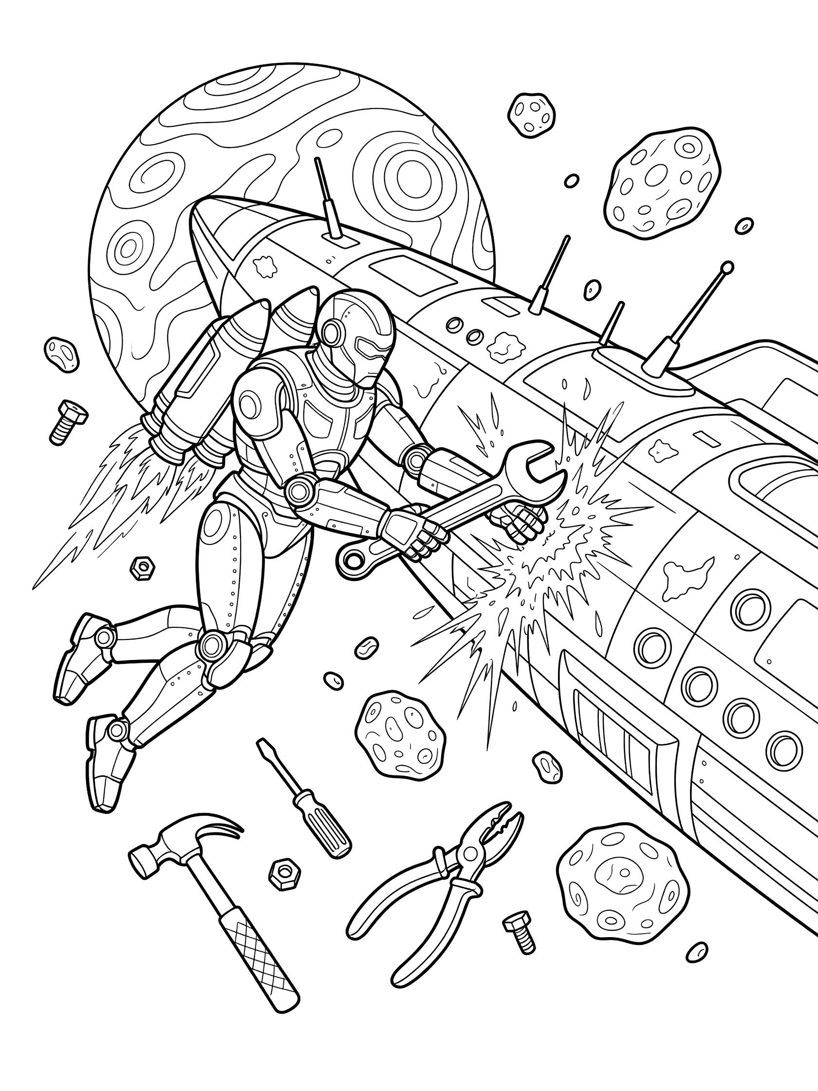 Line art coloring page showing a futuristic robot using a wrench to fix a spaceship hull while floating in orbit near a planet with drifting asteroids and tools