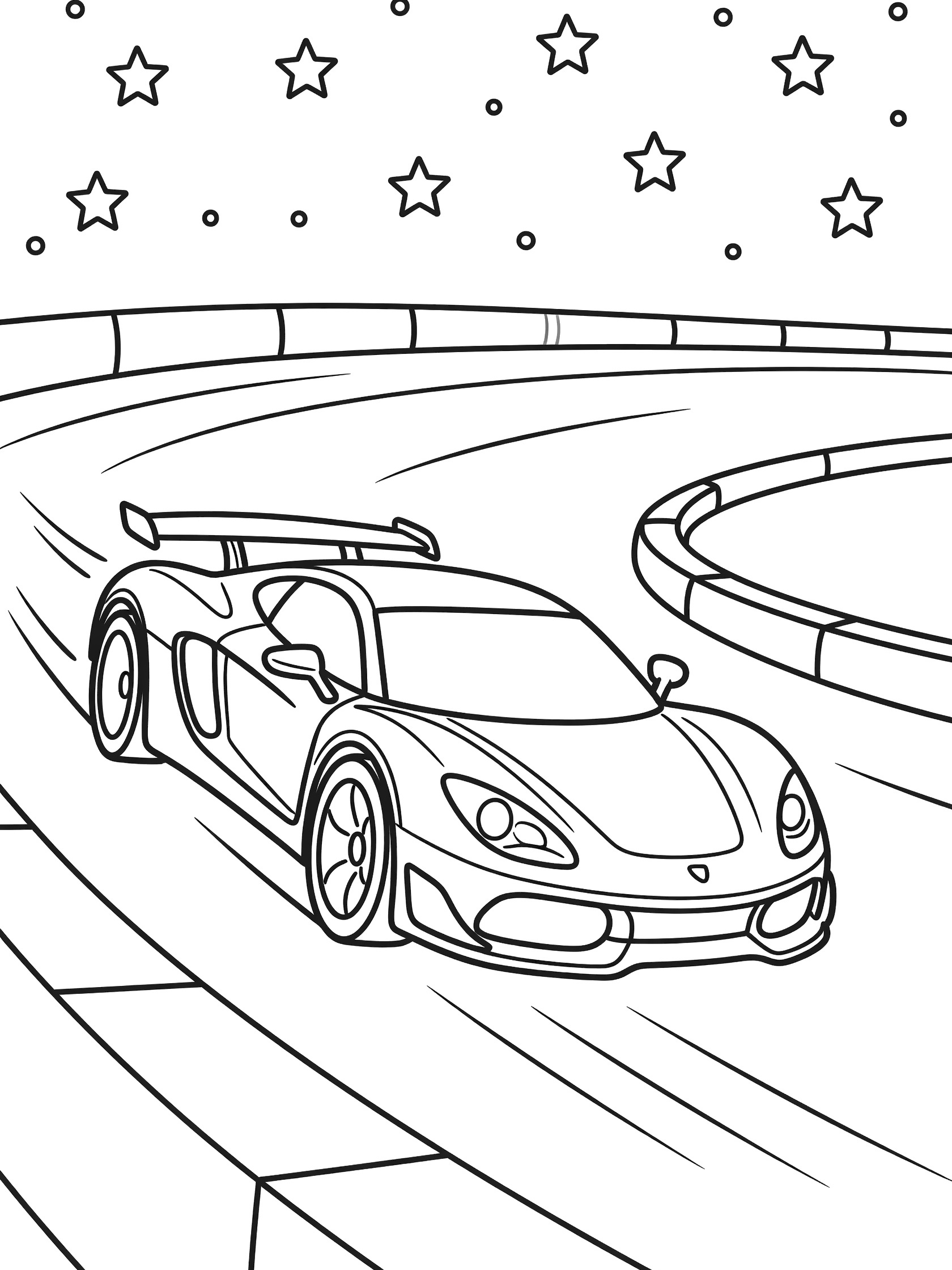Black and white line art of a futuristic sports car racing dynamically on a curved track, with starry background and barriers, perfect for kids coloring.