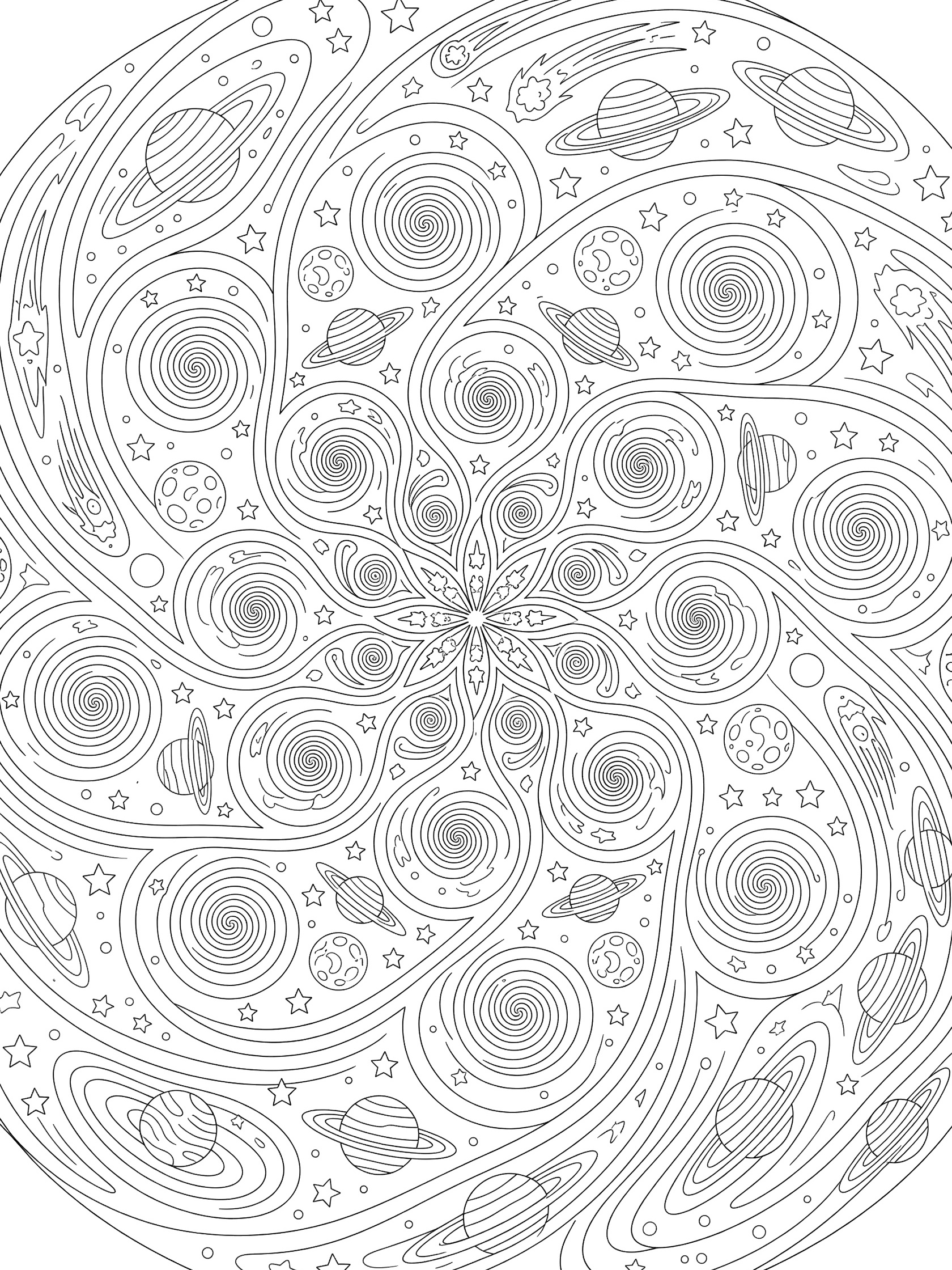 Black and white line art coloring page of galactic spirals mandala with central starry core, swirling arms, planets, stars, and comet tails in geometric patterns.