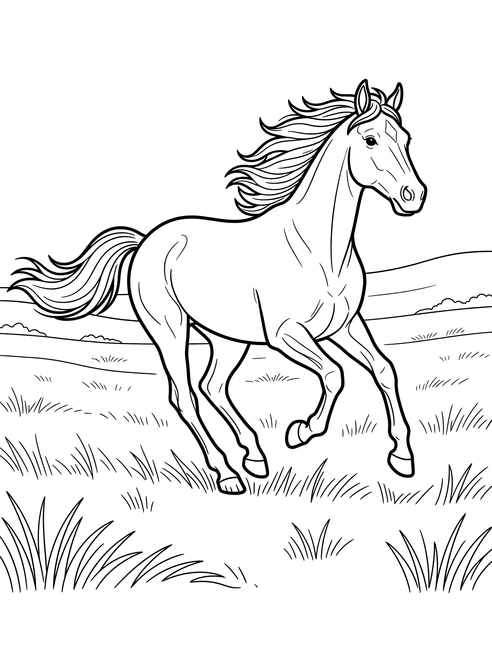 Black and white line art of a horse galloping with flowing mane and tail in a grassy field, coloring page for kids. Thoroughbred themed black and white printable line art