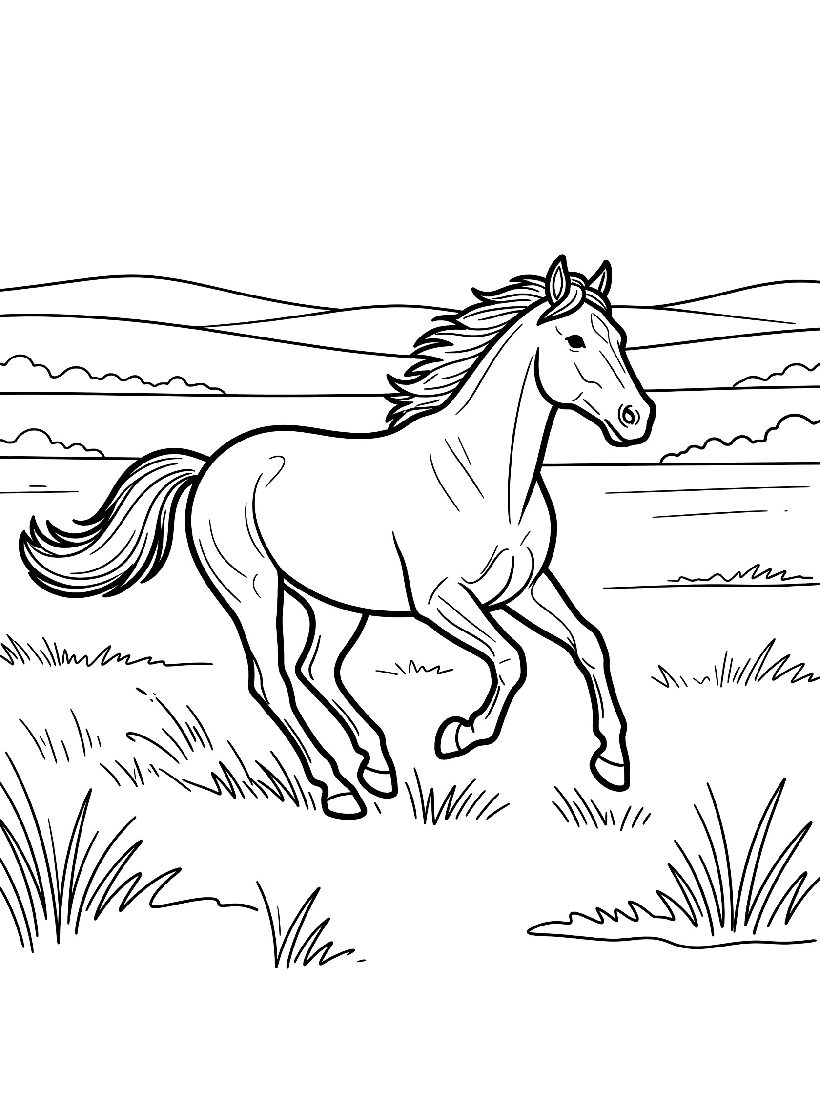 Black and white line art coloring page showing a horse galloping in a grassy field with rolling hills. Mustang themed black and white printable line art