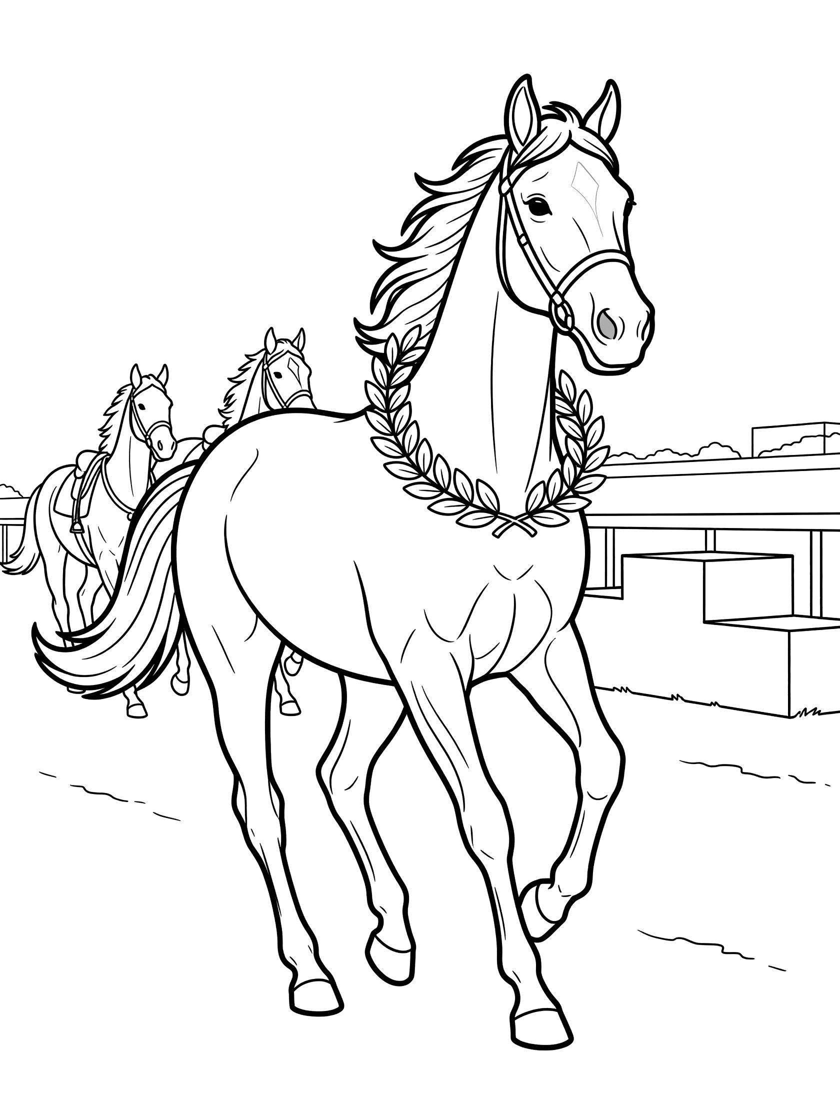 Black and white line art coloring page showing a lead racehorse with laurel wreath around neck, trotting forward, followed by two horses, simple podium on side.