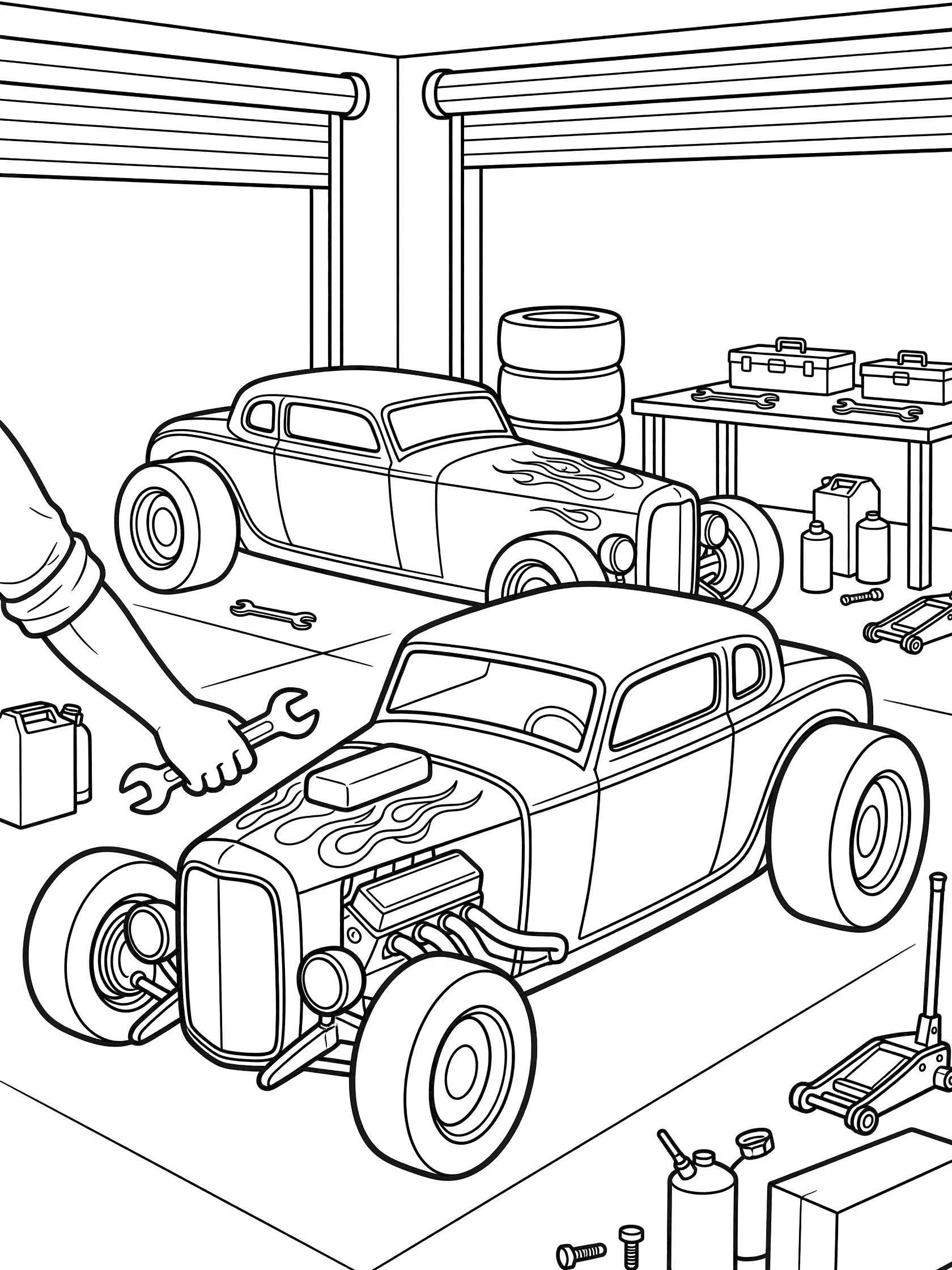Black and white line art of two hot rod cars in a garage, one with flame hood and exposed engine, mechanic arm with wrench, stacked tires and toolboxes.