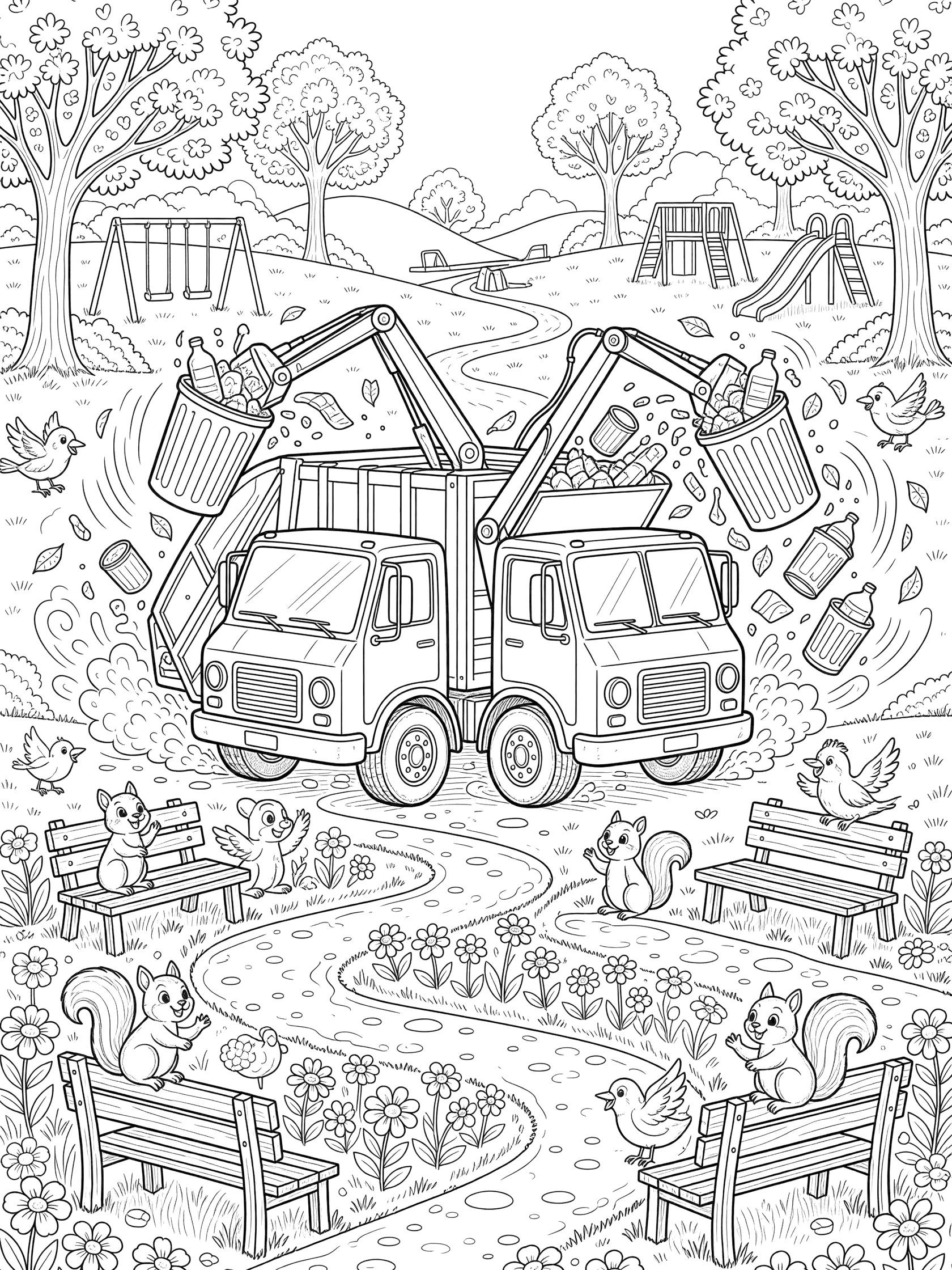Black and white line art coloring page showing two garbage trucks with extendable arms grabbing trash bins in a park, surrounded by squirrels, birds, benches, flowers, paths, trees, hills, and playgrounds.