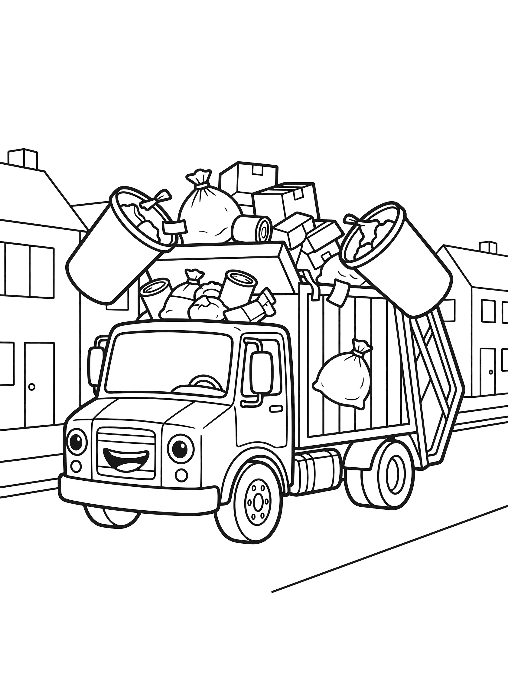 Black and white line art of a smiling garbage truck with open hopper full of trash bags, boxes, and cans, compacting waste while bins dump more garbage nearby, houses in background.