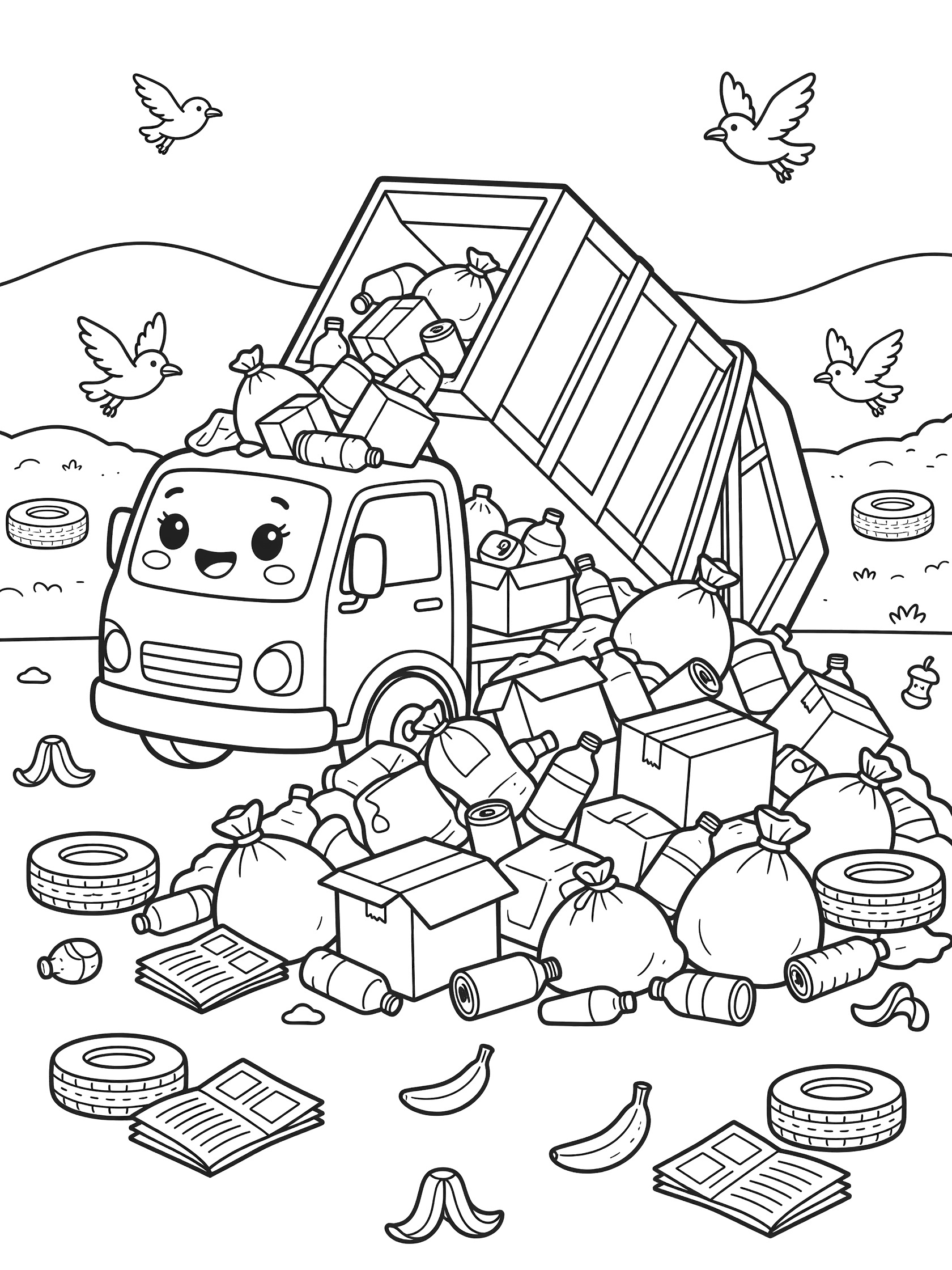 Black and white coloring page of a happy garbage truck lifting its hopper to dump trash at a landfill pile with scattered garbage, tires, seagulls and hills.