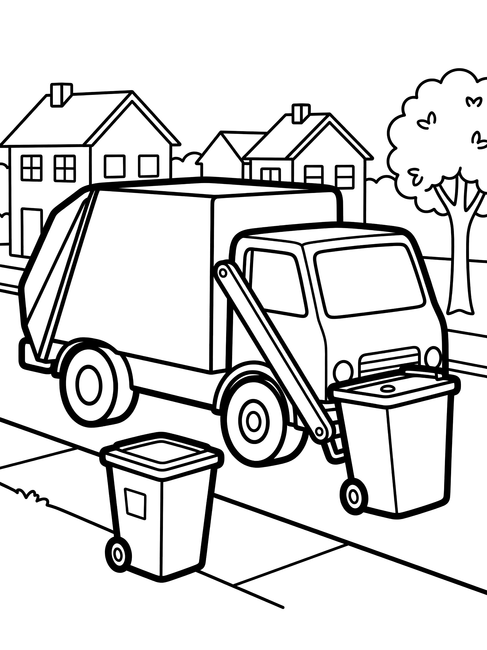 Line art coloring page showing a garbage truck with mechanical arm grabbing a trash bin, recycling bin nearby, houses and tree in background