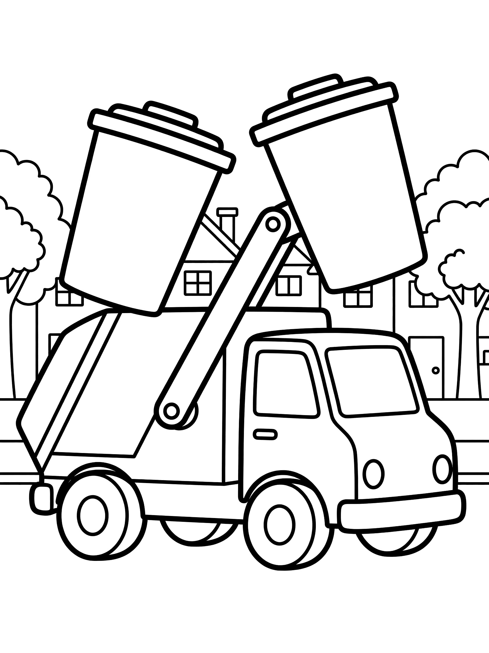 Black and white line art coloring page showing a garbage truck lifting two large trash bins with its mechanical arm, houses and trees in the background. Trash Truck themed black and white printable line art