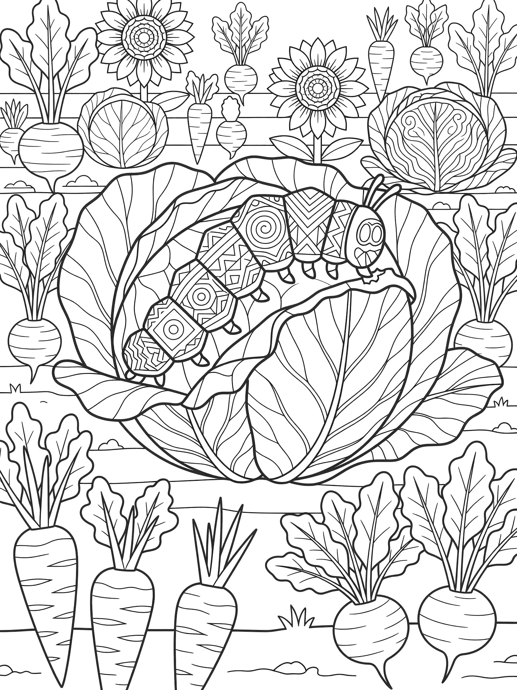 Detailed line art coloring page showing a geometric caterpillar crawling on a large cabbage leaf surrounded by garden vegetables like carrots, radishes, sunflowers, and leafy greens.