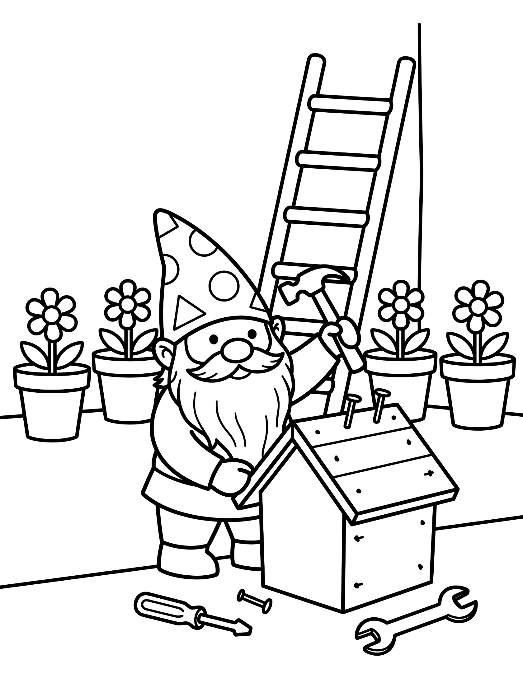 Black and white line art coloring page showing a gnome on a ladder fixing a birdhouse, surrounded by flower pots and tools like hammer and screwdriver. Garden Gnomes themed black and white printable line art