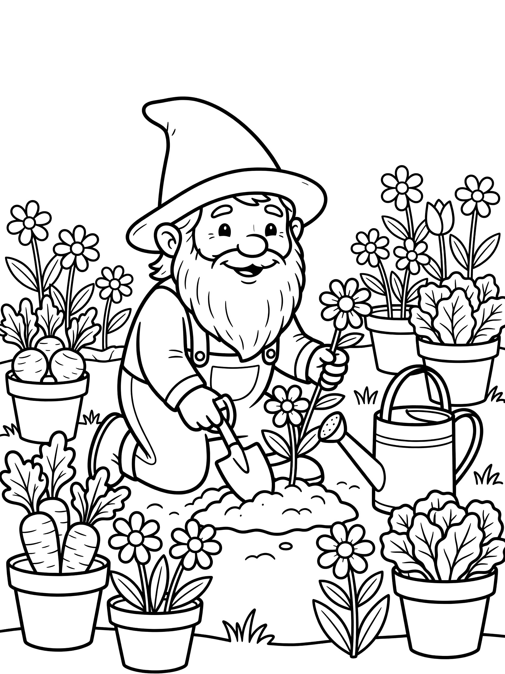 Black and white line art coloring page showing a smiling gnome with pointy hat, beard, overalls, holding a flower, kneeling by pots of carrots, lettuce, and daisies, using a shovel and watering can in a garden. Gnomes themed black and white printable line art