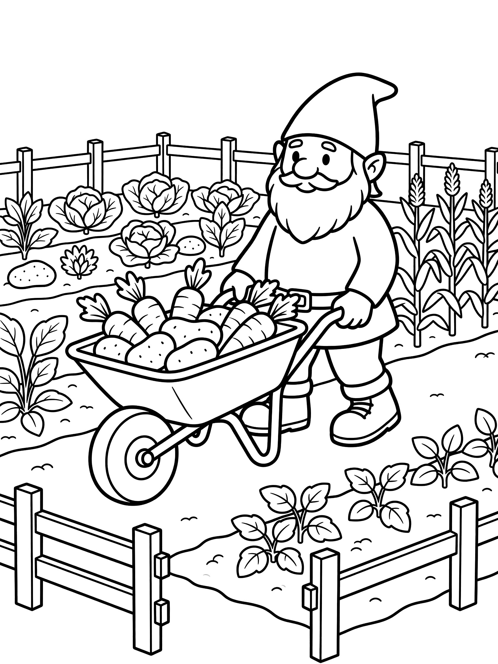 Black and white line art of a smiling garden gnome with beard and pointy hat pushing a wheelbarrow loaded with carrots and potatoes through a fenced vegetable patch with cabbage and corn plants. Garden Gnomes themed black and white printable line art