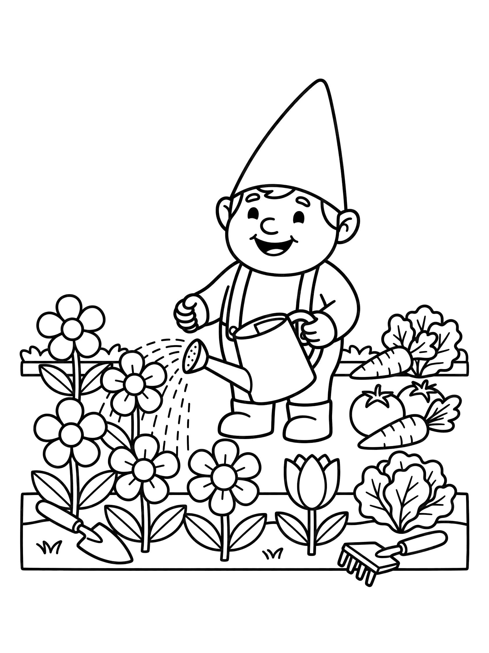 Black and white line art coloring page showing a smiling garden gnome in a pointy hat and suspenders holding a watering can over blooming flowers, with carrots, tomatoes, lettuce, and garden tools. Garden Gnomes themed black and white printable line art