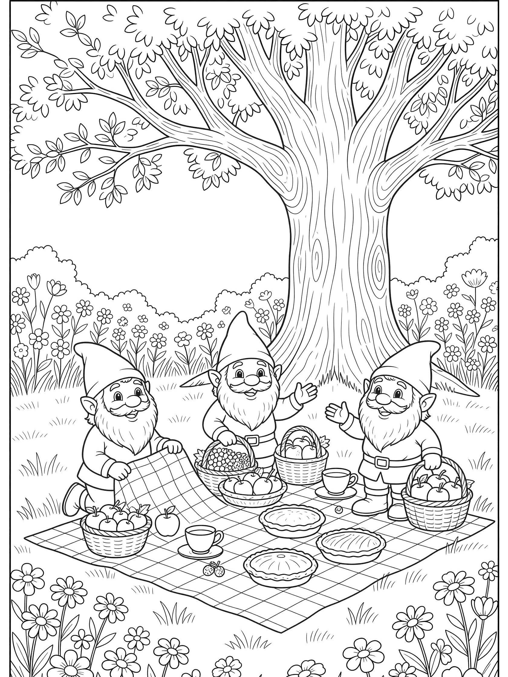 Black and white coloring page of three garden gnomes picnicking under a large tree with checkered cloth, baskets of fruit, pies, teacups, wildflowers, and grass.