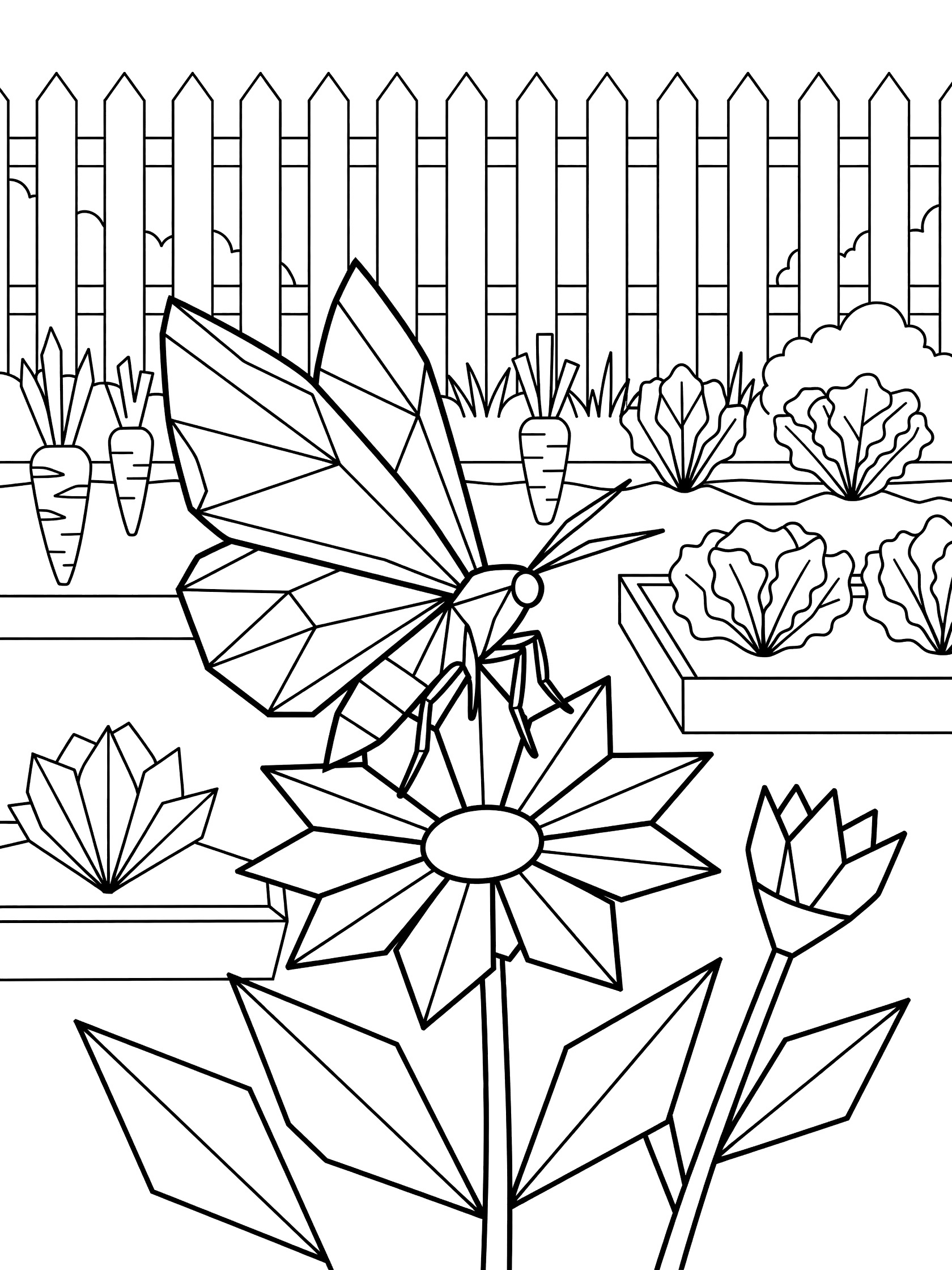 Black and white line art of a large moth on a flower next to a garden bed with vegetables, picket fence, and plants.