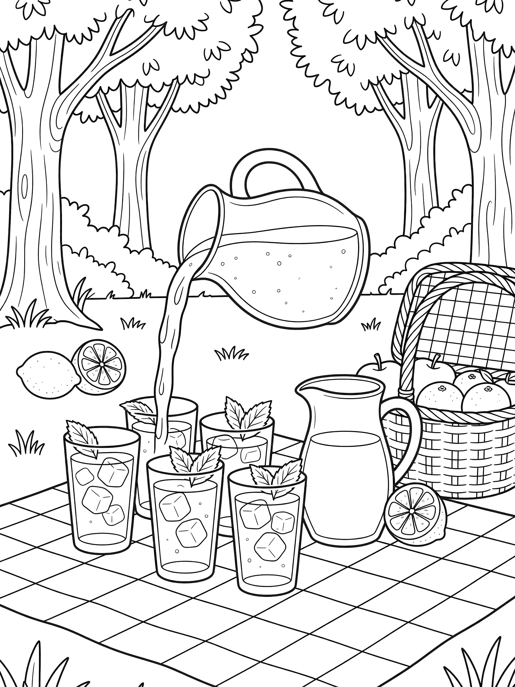 Printable coloring page showing a large jug pouring lemonade into glasses garnished with mint leaves and ice on a checkered picnic blanket in a garden with trees, basket, and lemons.