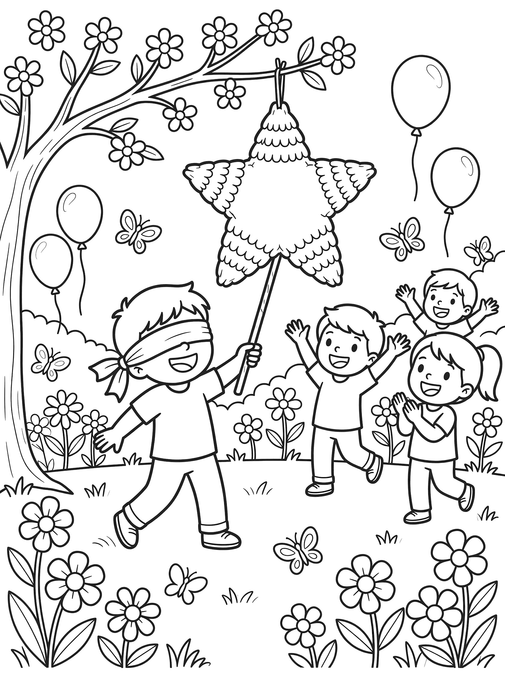 Whimsical line art coloring page showing a smiling blindfolded boy swinging a stick at a hanging star-shaped piñata in a garden party, with clapping kids, balloons, flowers and butterflies.