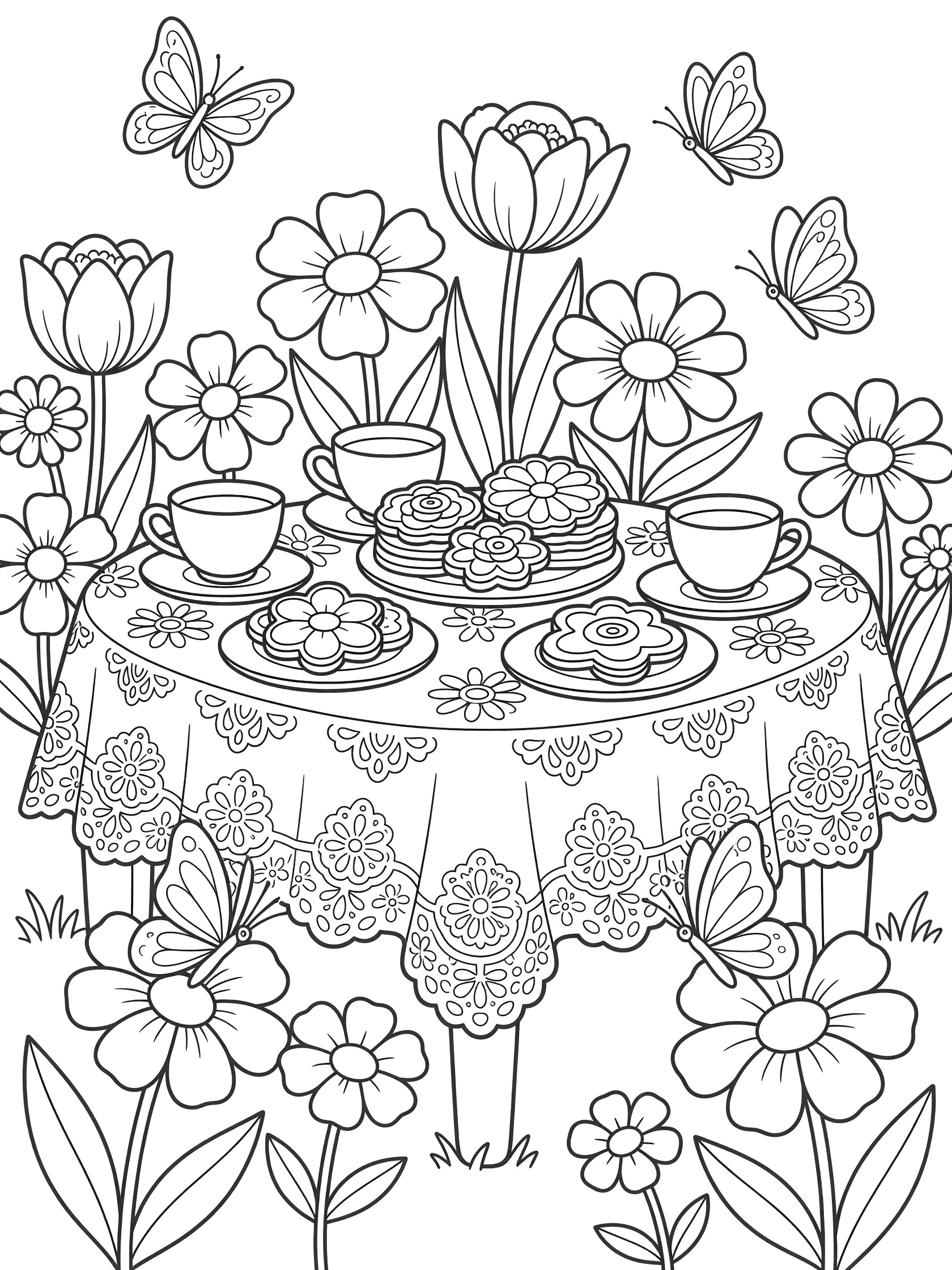 Black-and-white line art of a garden table set for tea with piled plates of fancy cookies, teacups on saucers, surrounded by flowers and butterflies on a lace tablecloth.