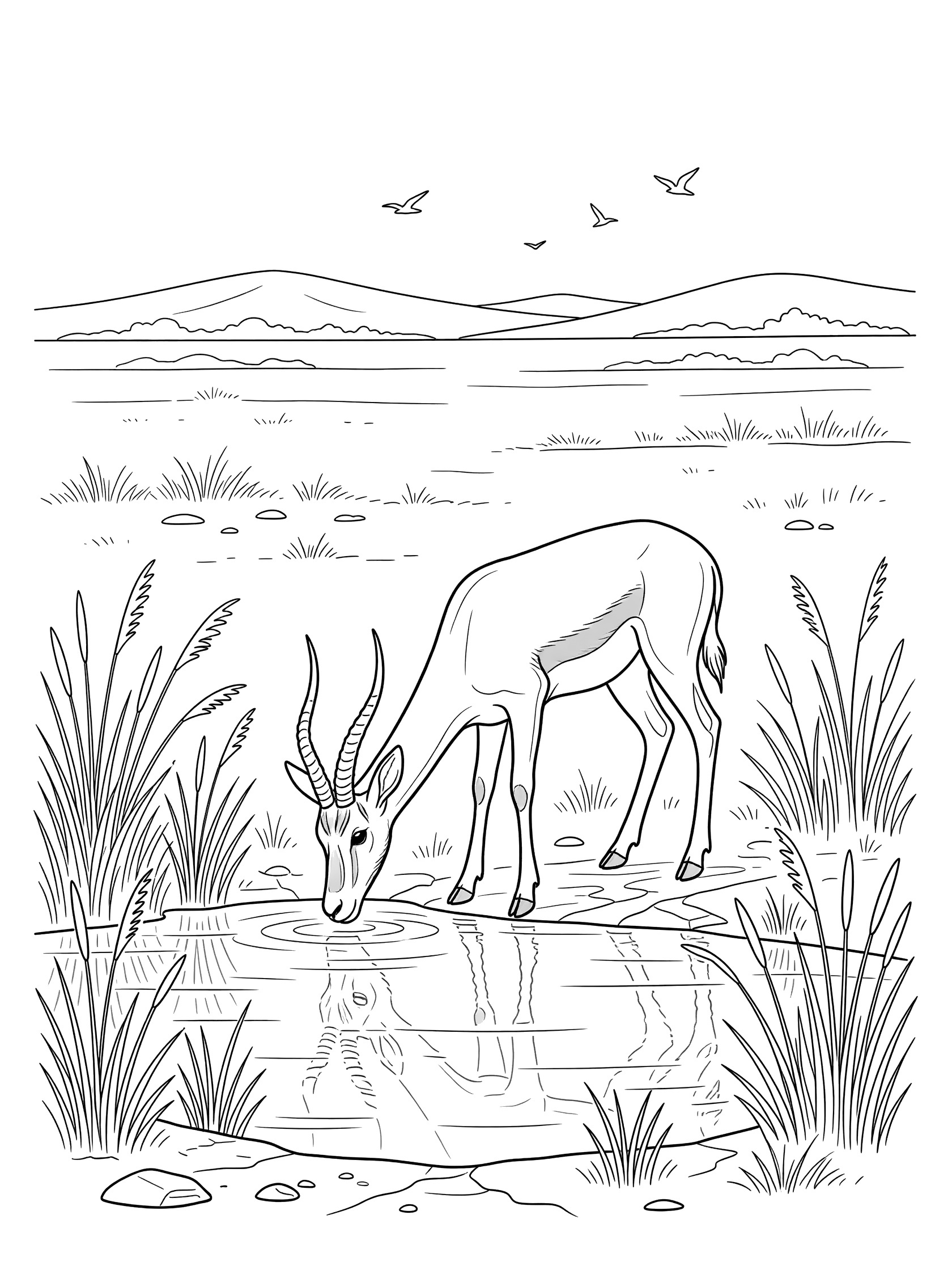 Black and white line art coloring page showing a gazelle bending to drink from a pond with reeds, water reflection, distant hills, and flying birds.