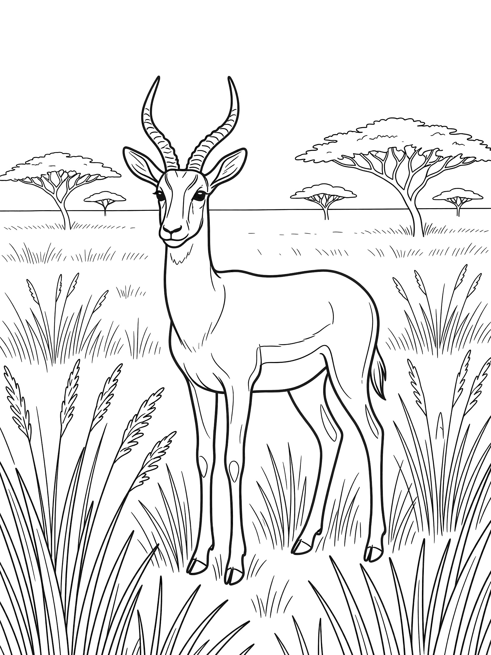 Black and white line art coloring page showing a single gazelle with curved horns and slender legs standing in tall savanna grasses, with distant acacia trees and open grassland background.