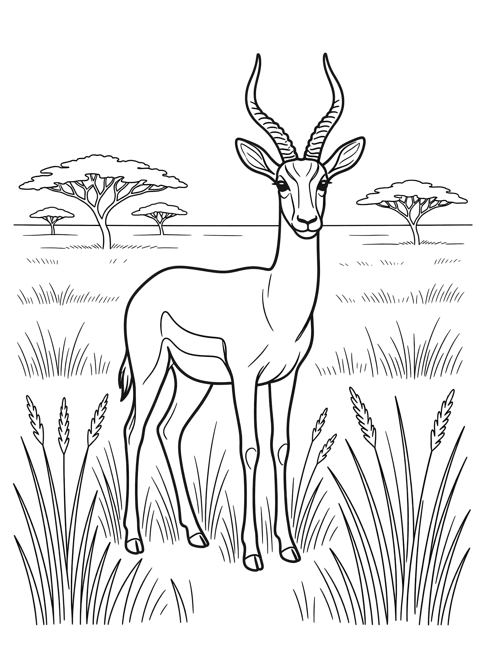 Black and white line art coloring page showing a single gazelle with slender legs and curved horns standing tall among savanna grasses and distant acacia trees. Impala themed black and white printable line art