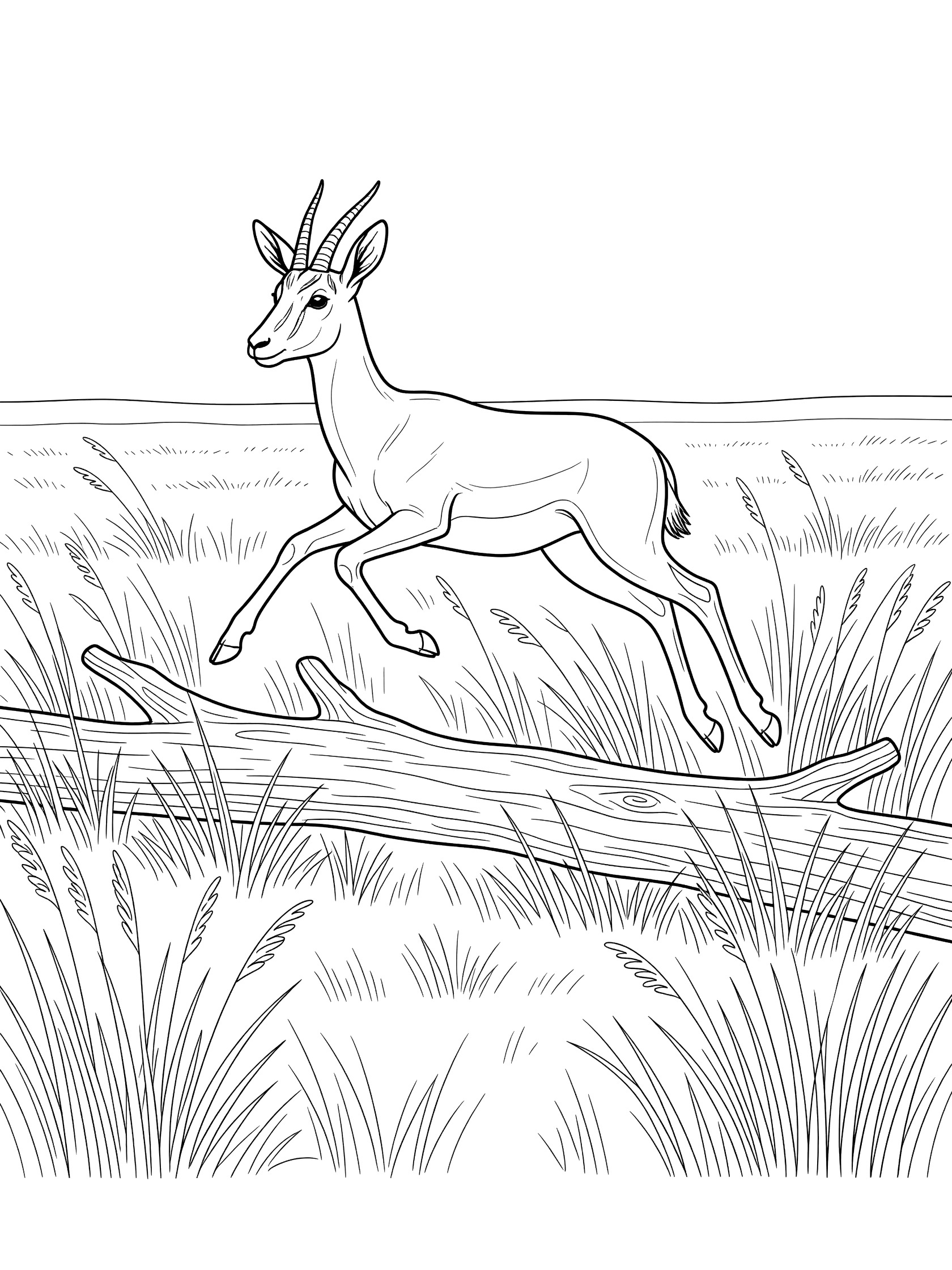 Black and white line art coloring page showing a gazelle mid-jump over a fallen log surrounded by swaying grasses.