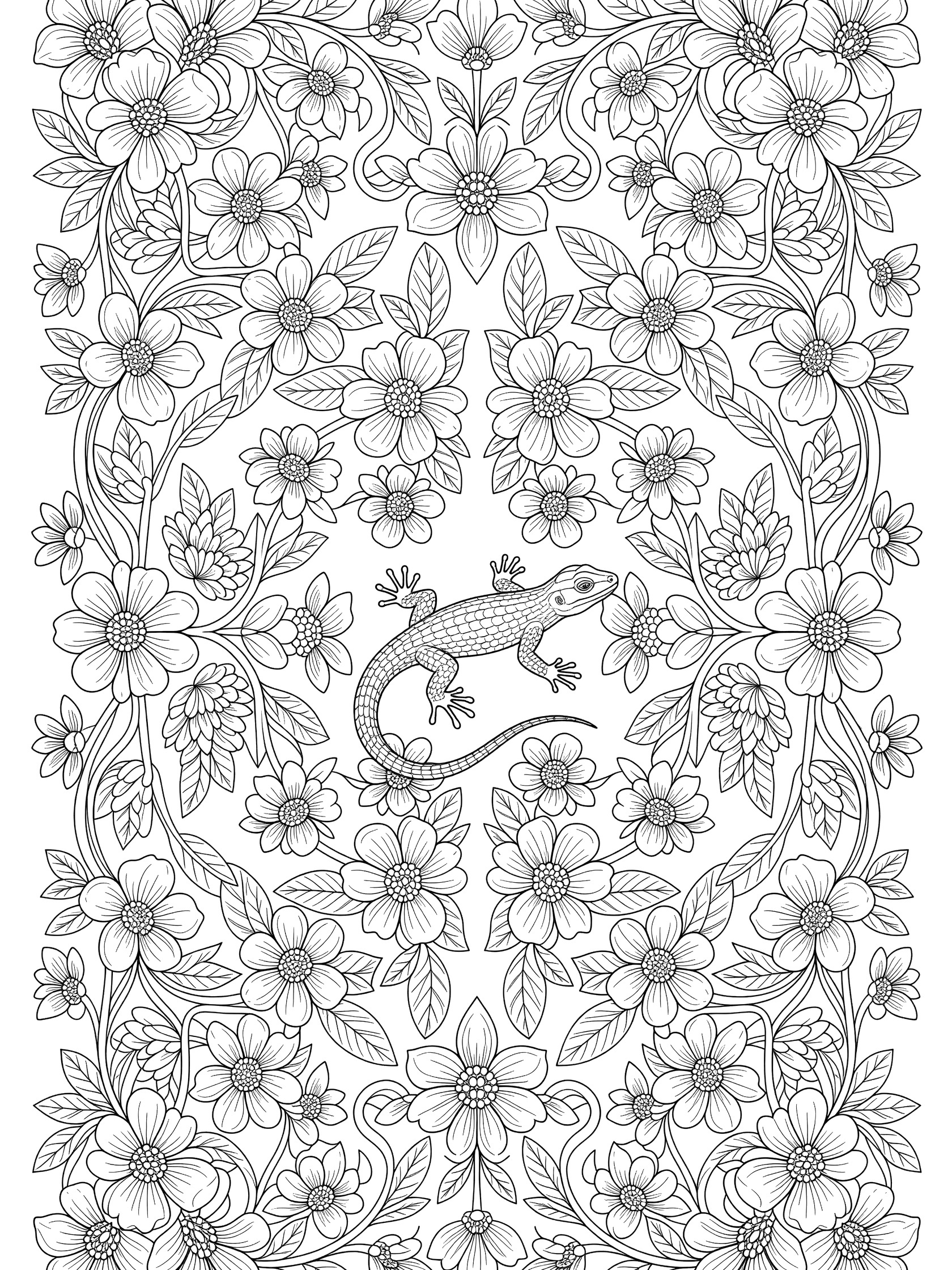 Printable coloring page showing a central gecko lizard with blooming flowers, leaves, and vines in a repeating symmetrical pattern, clean line art on white background.