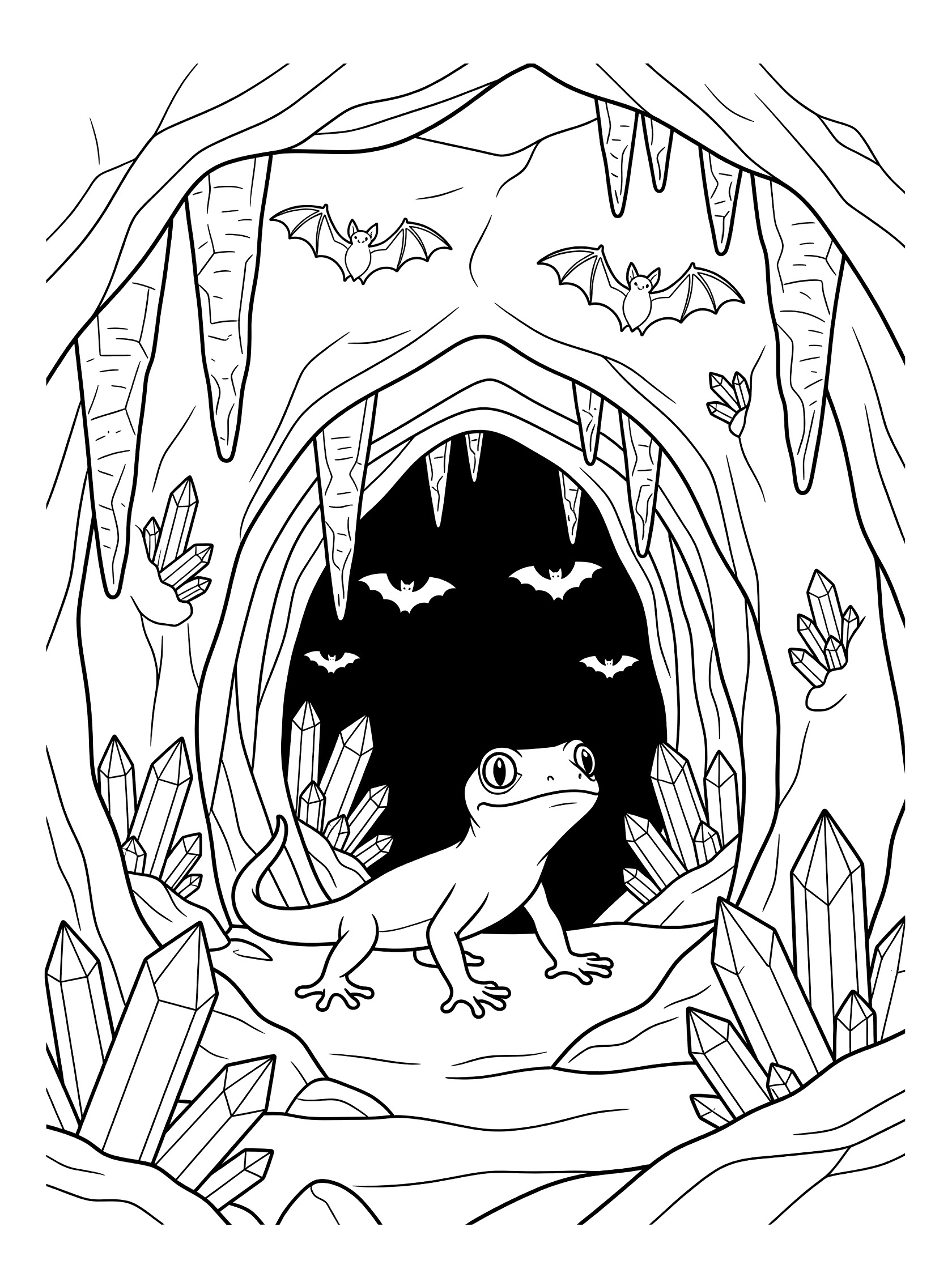 Black and white line art coloring page showing a gecko looking into a dark cave entrance surrounded by stalactites, bats hanging above, and crystals on the ground.