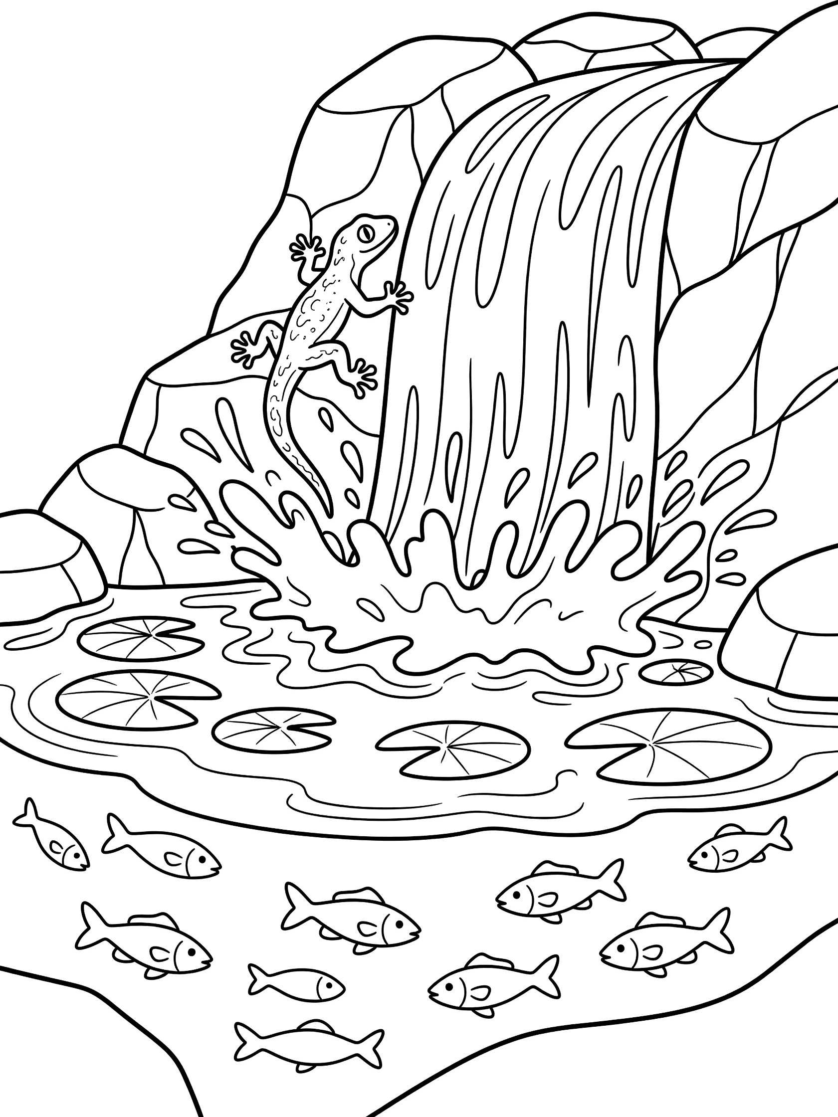 Black and white line art coloring page showing a gecko on rocks behind cascading waterfall, splashing water, lily pads, and swimming fish.