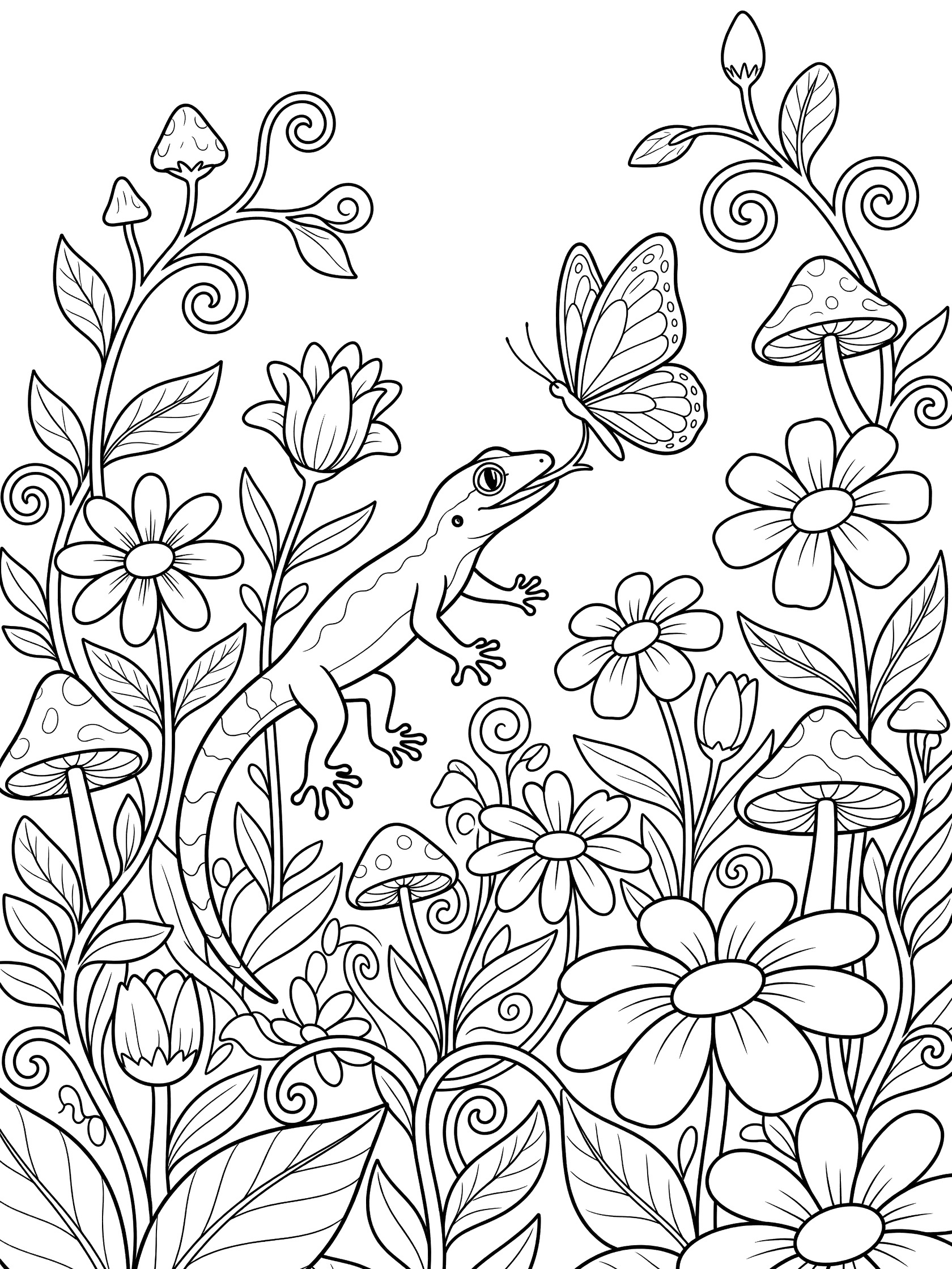 Black and white line art coloring page showing a gecko jumping with extended tongue catching a butterfly in a garden with flowers, vines and mushrooms