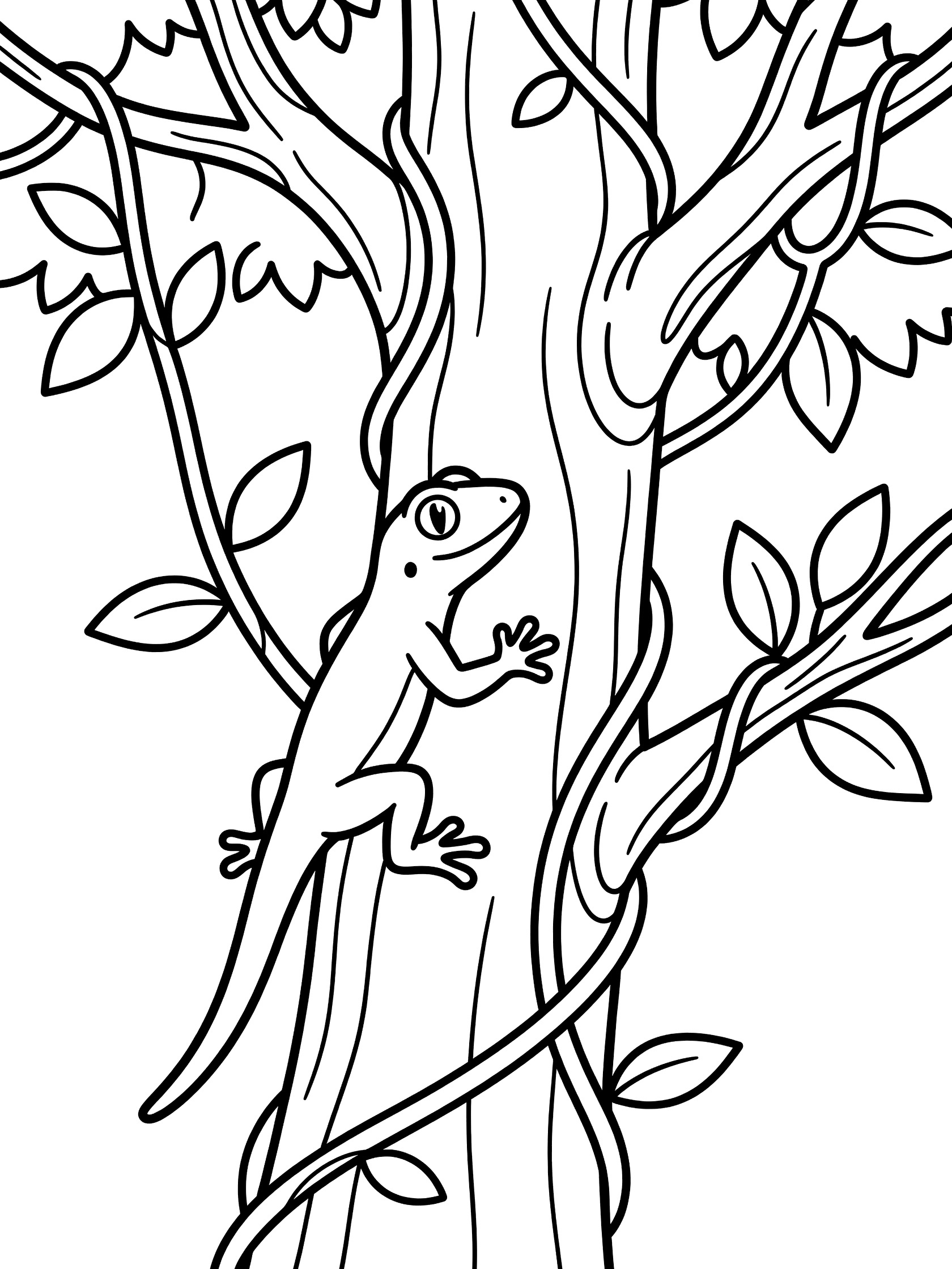 Black and white line art coloring page showing a gecko lizard climbing a tall tree trunk with branches, leaves, and vines.