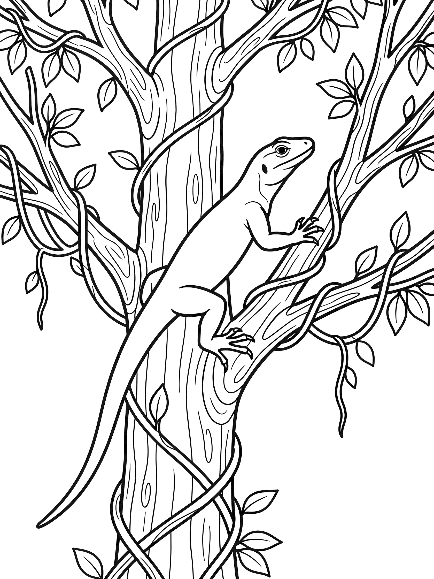 Black and white coloring page of a gecko lizard climbing up a tall tree trunk with vines, branches, and leaves. Clean line art ready to print and color. Monitor Lizard themed black and white printable line art